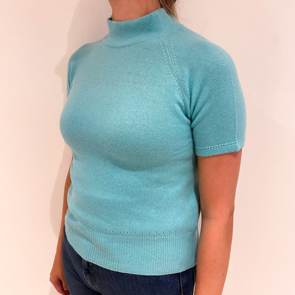 Pale Aqua Blue Cashmere Turtle Neck Short Sleeved Jumper Small