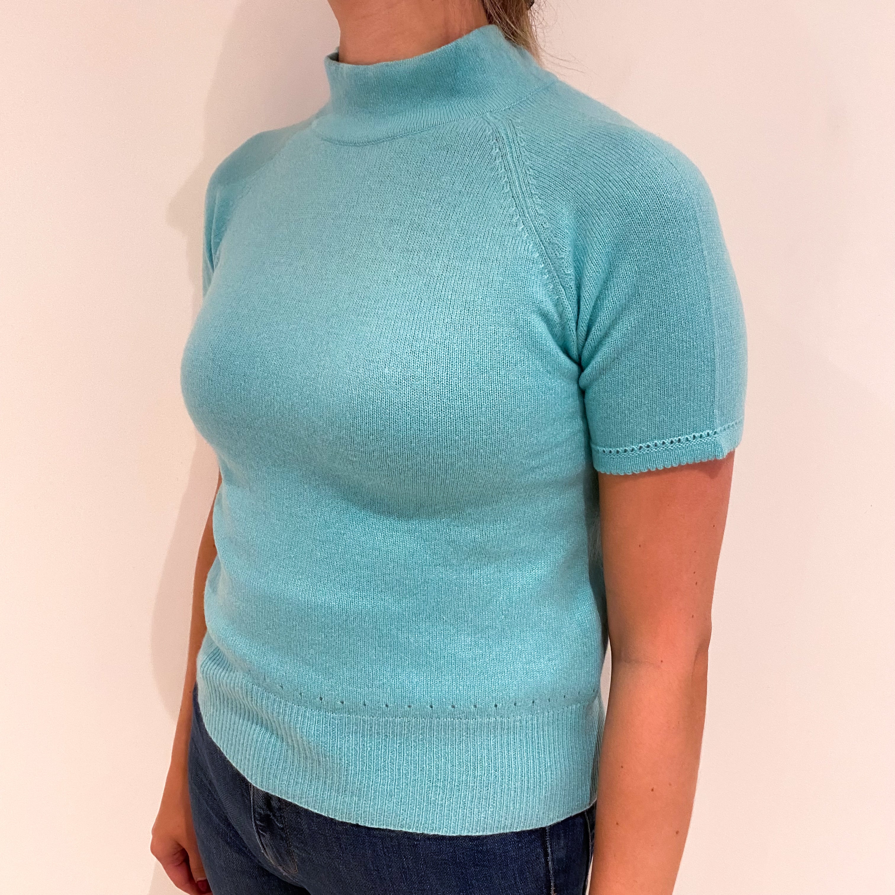Pale Aqua Blue Cashmere Turtle Neck Short Sleeved Jumper Small