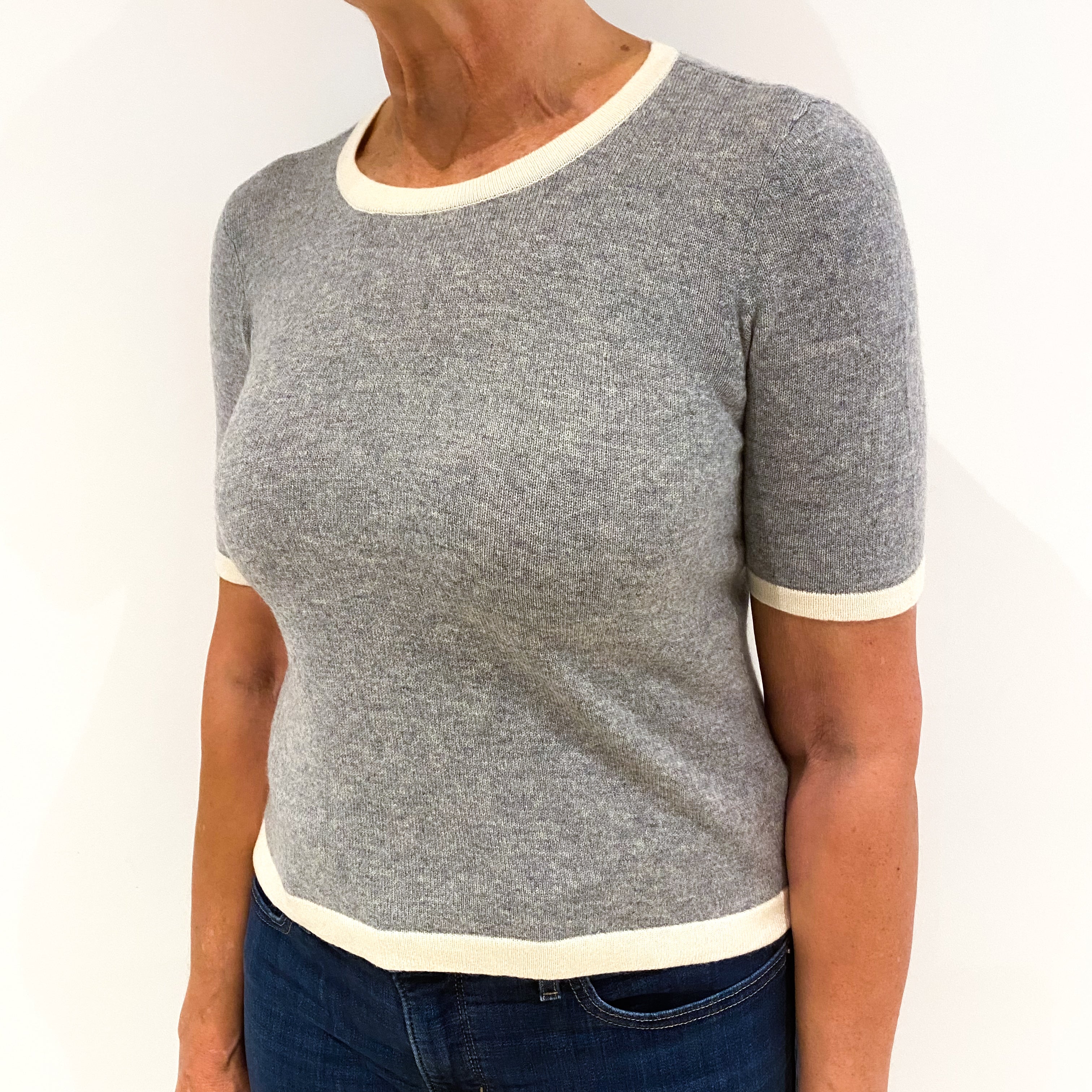 Smoke Grey Short Sleeved Cashmere Crew Neck Jumper Medium