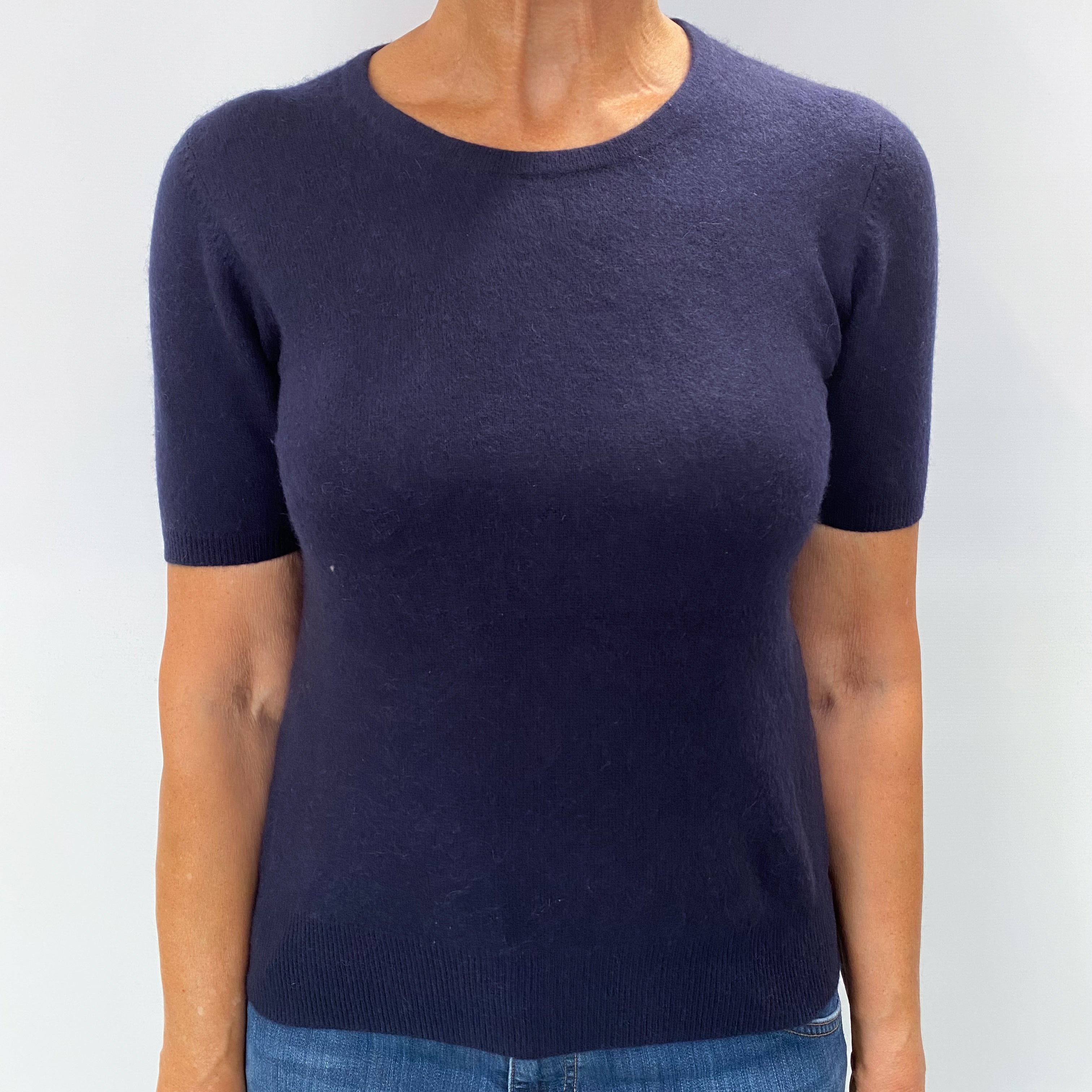 Navy Blue Cashmere Crew Neck Short Sleeved Jumper Medium