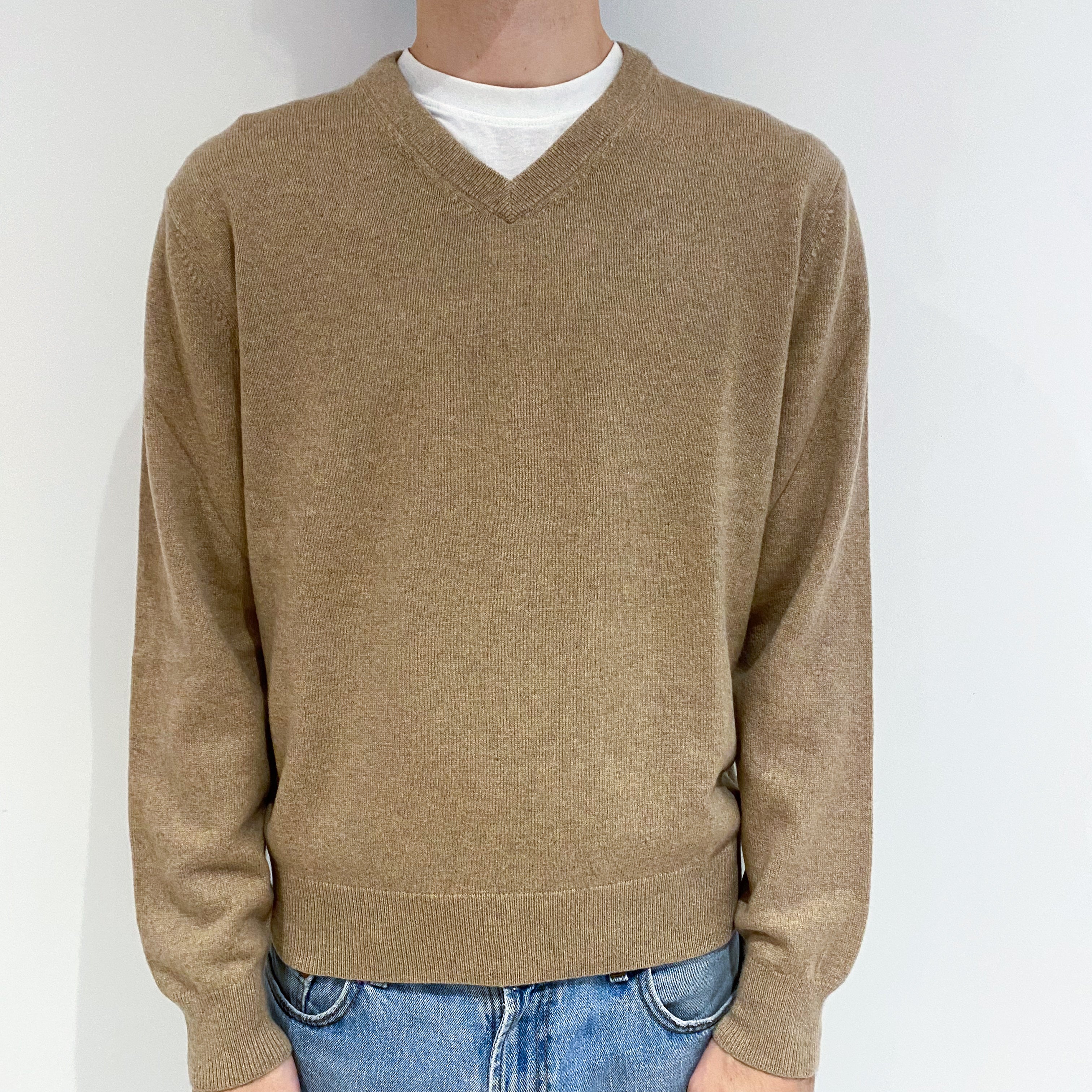 Men's Camel Brown Cashmere V-Neck Jumper Large