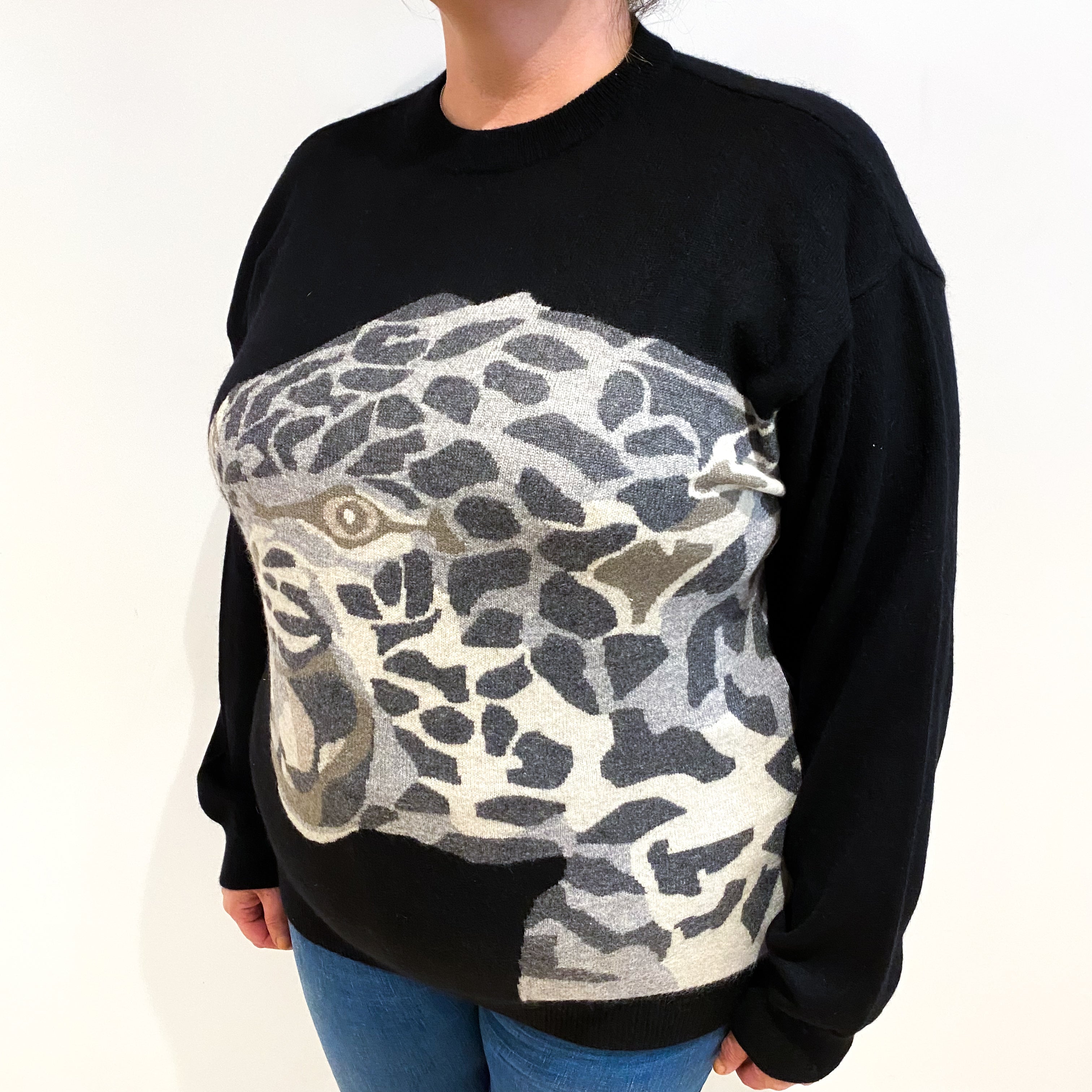 Black Wild Cat Cashmere Crew Neck Jumper Extra Large