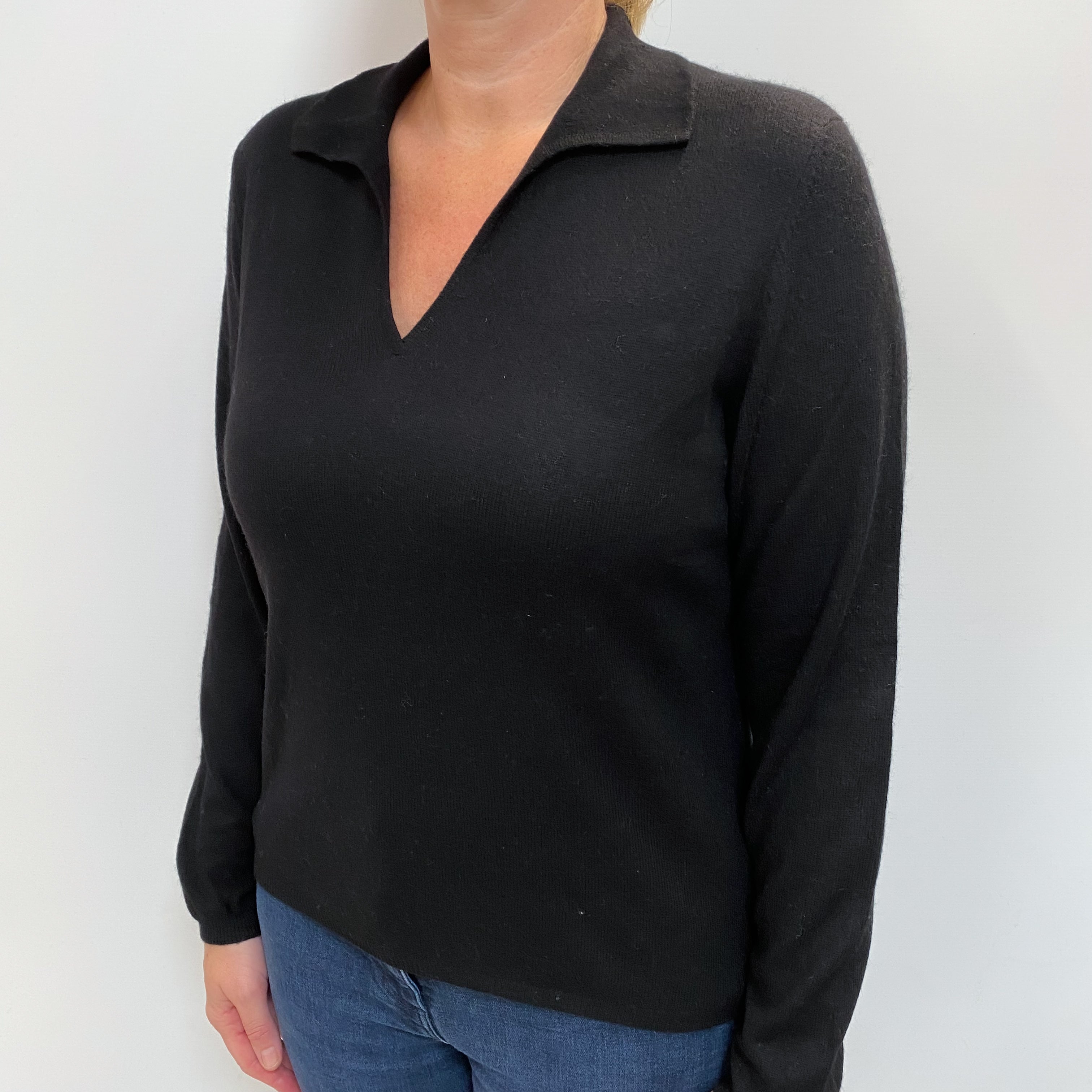 Black Cashmere Collared V Neck Jumper Large