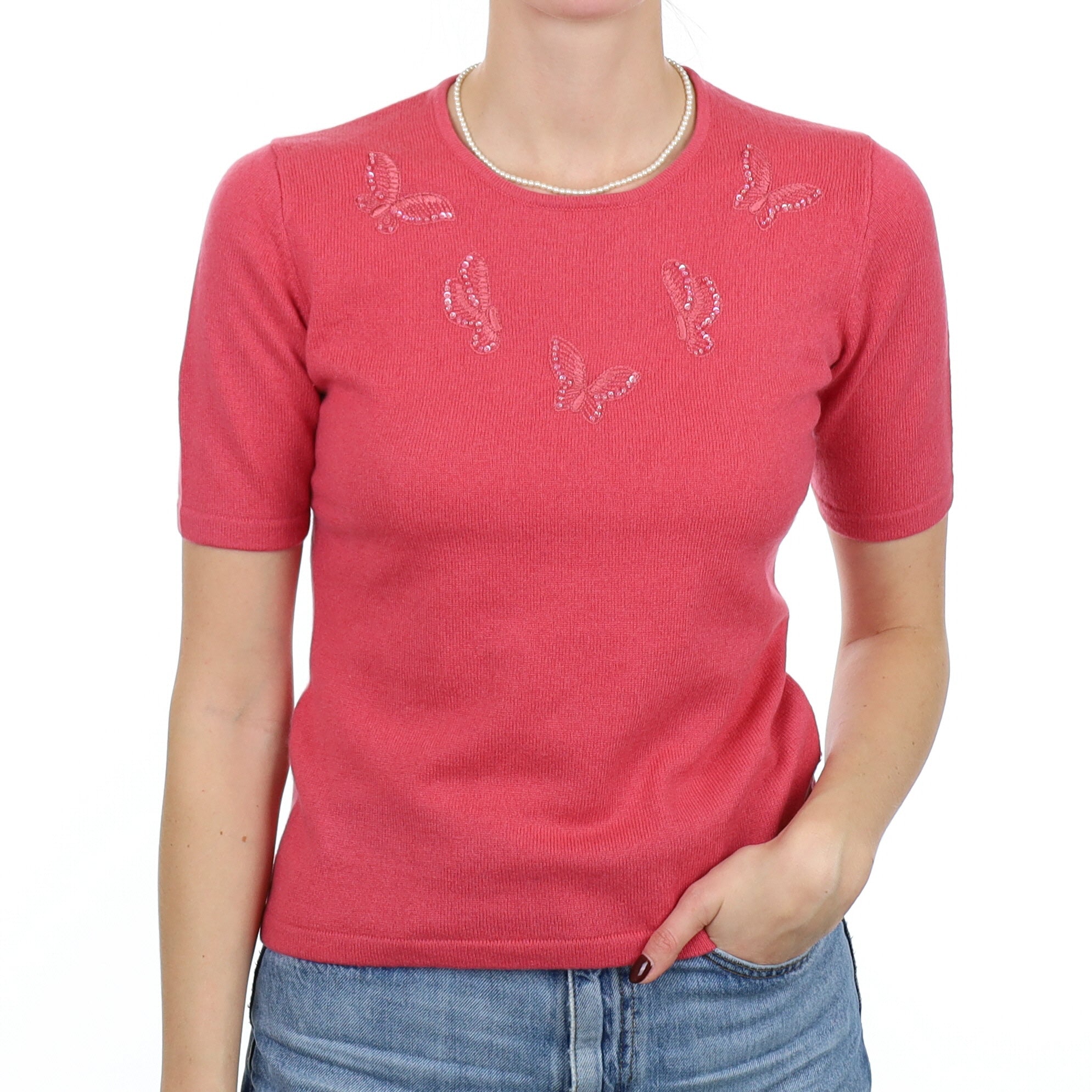 Strawberry Pink Embellished Cashmere Short Sleeve Crew Neck Jumper Small