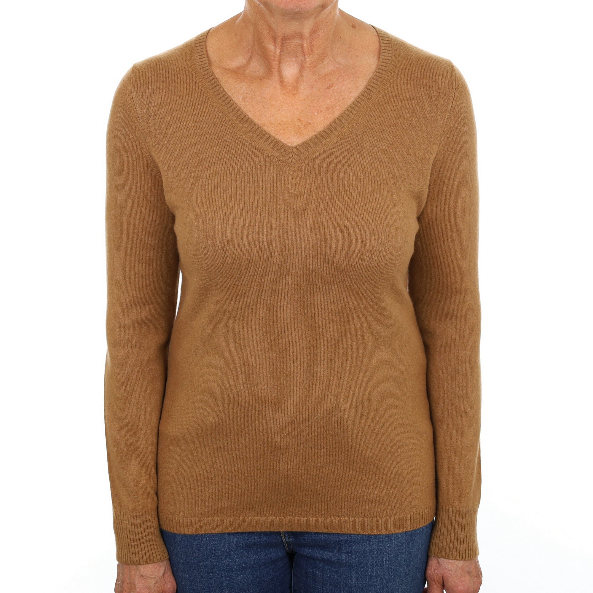 Cinnamon Brown Cashmere V Neck Jumper Medium