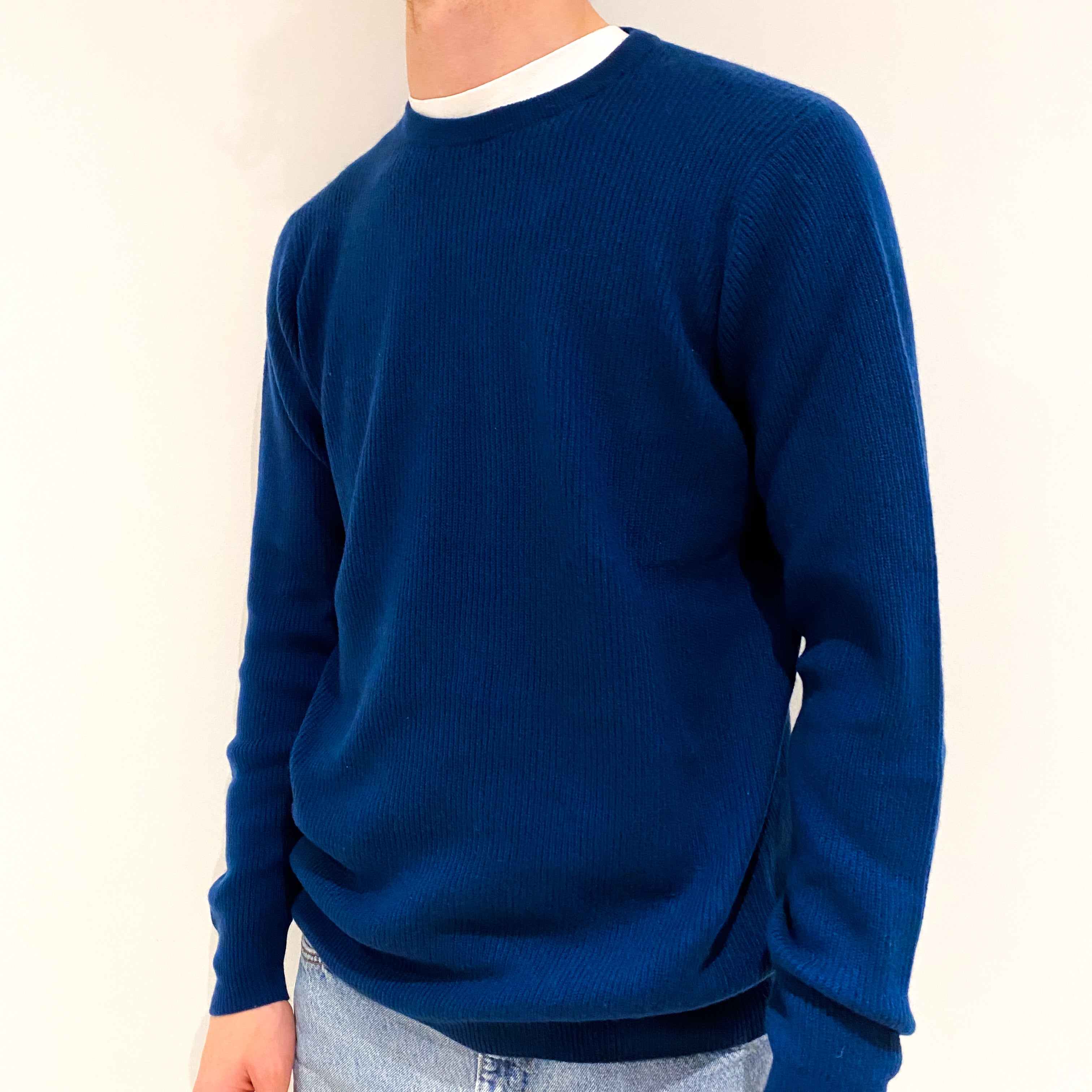 Men's Peacock Blue Rib Cashmere Crew Neck Jumper Medium