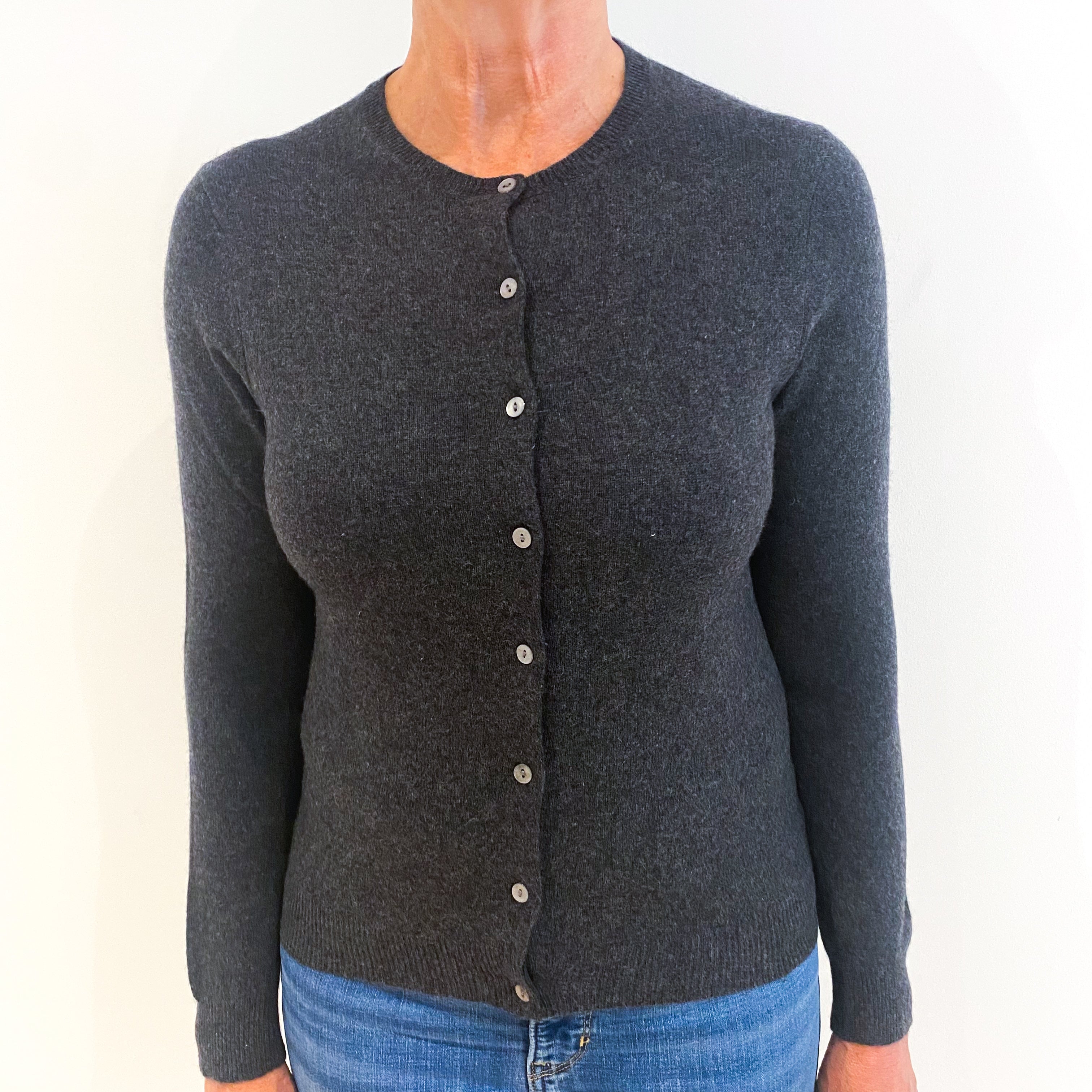 Slate Grey Cashmere Crew Neck Cardigan Medium