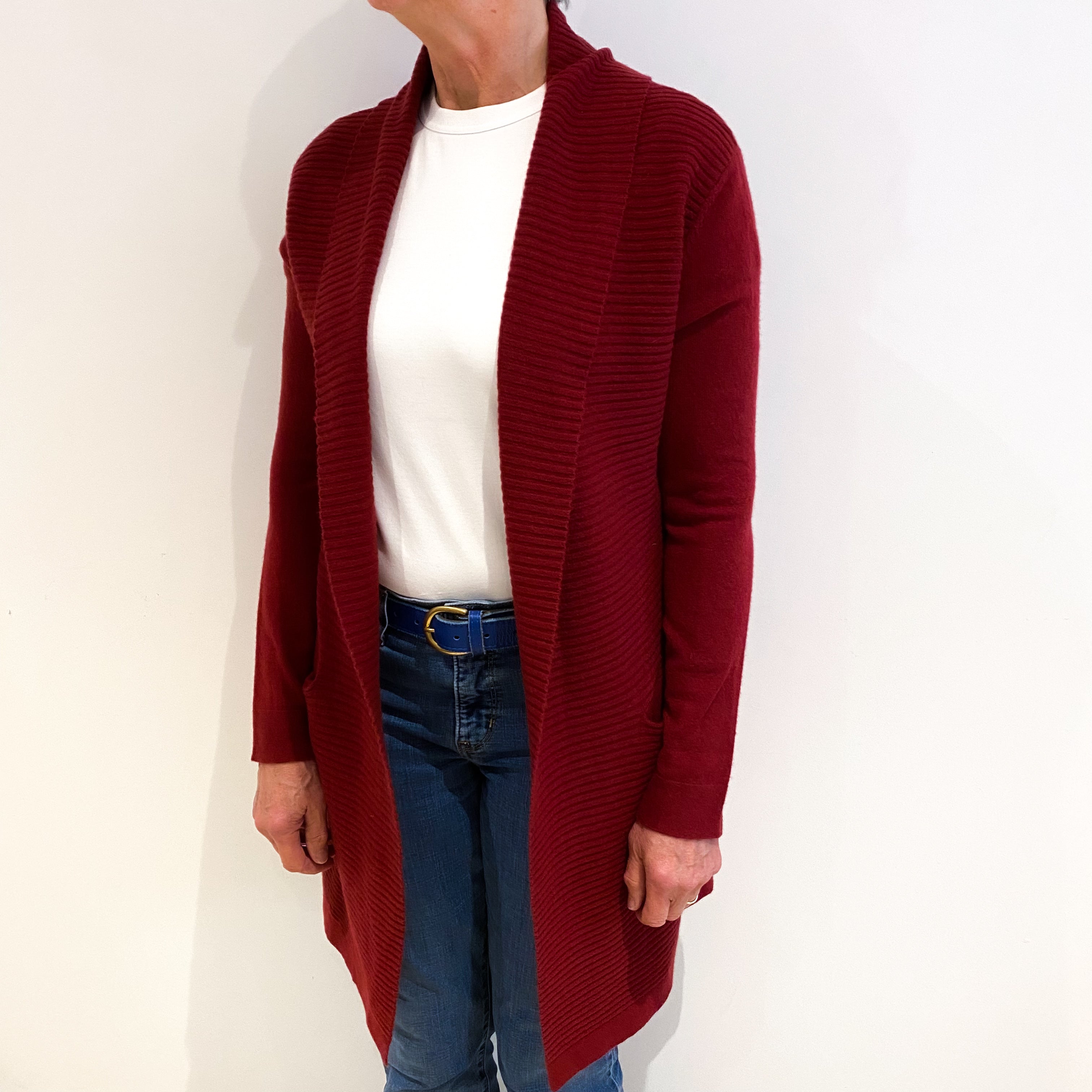 Burgundy Red Cashmere Shawl Edge To Edge Cardigan With Pockets Medium