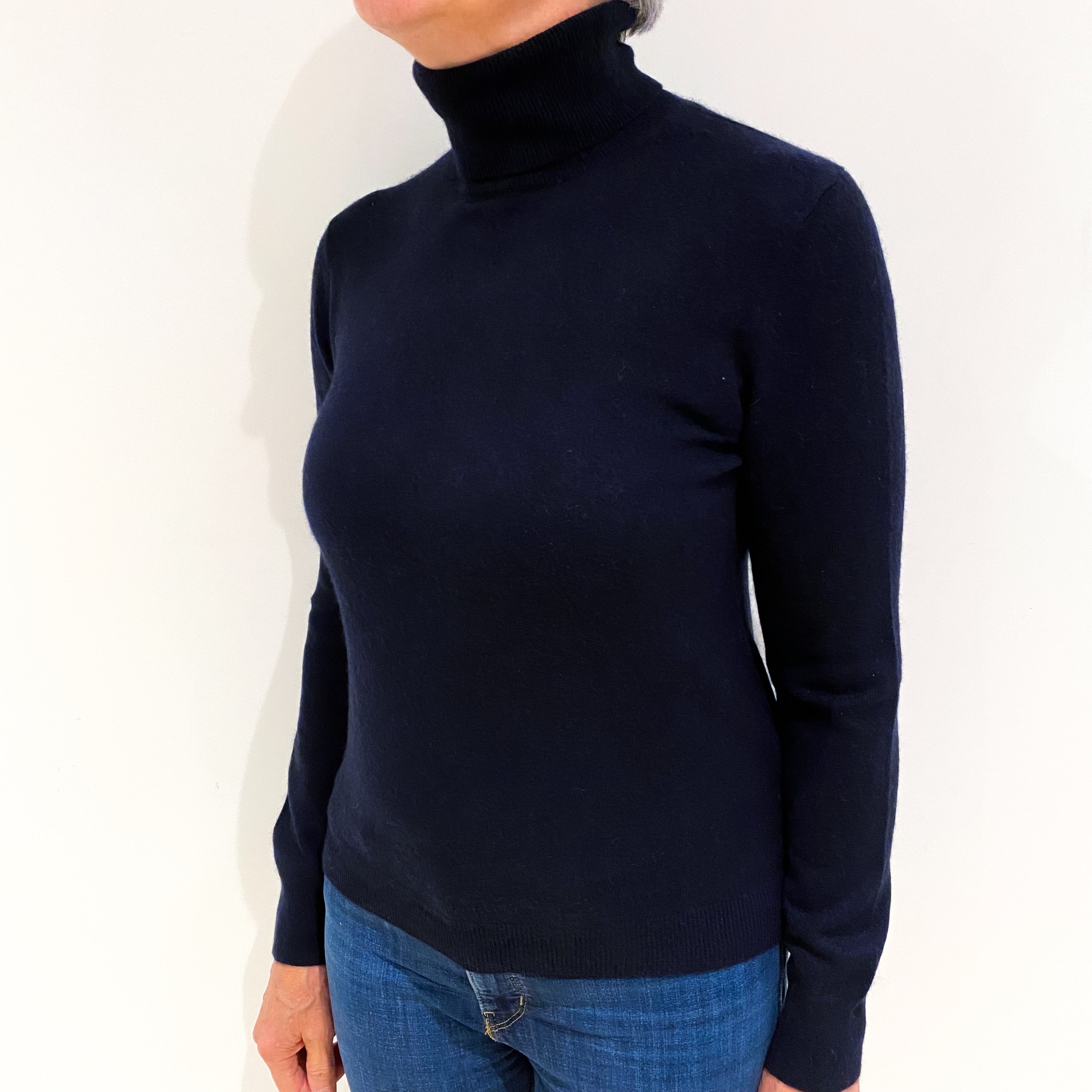 Dark Navy Cashmere Polo Neck Jumper Medium
