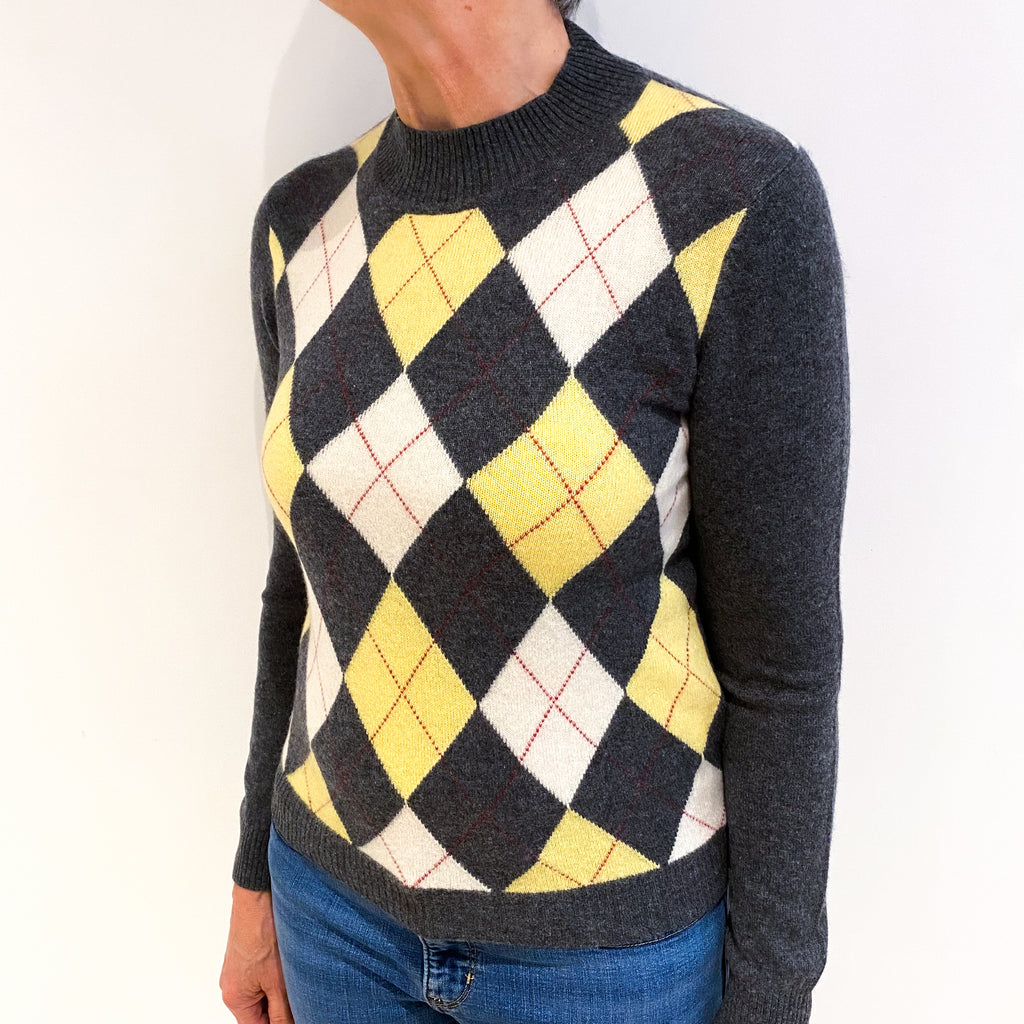 Slate Grey Diamond Pattern Cashmere Turtle Neck Jumper Medium