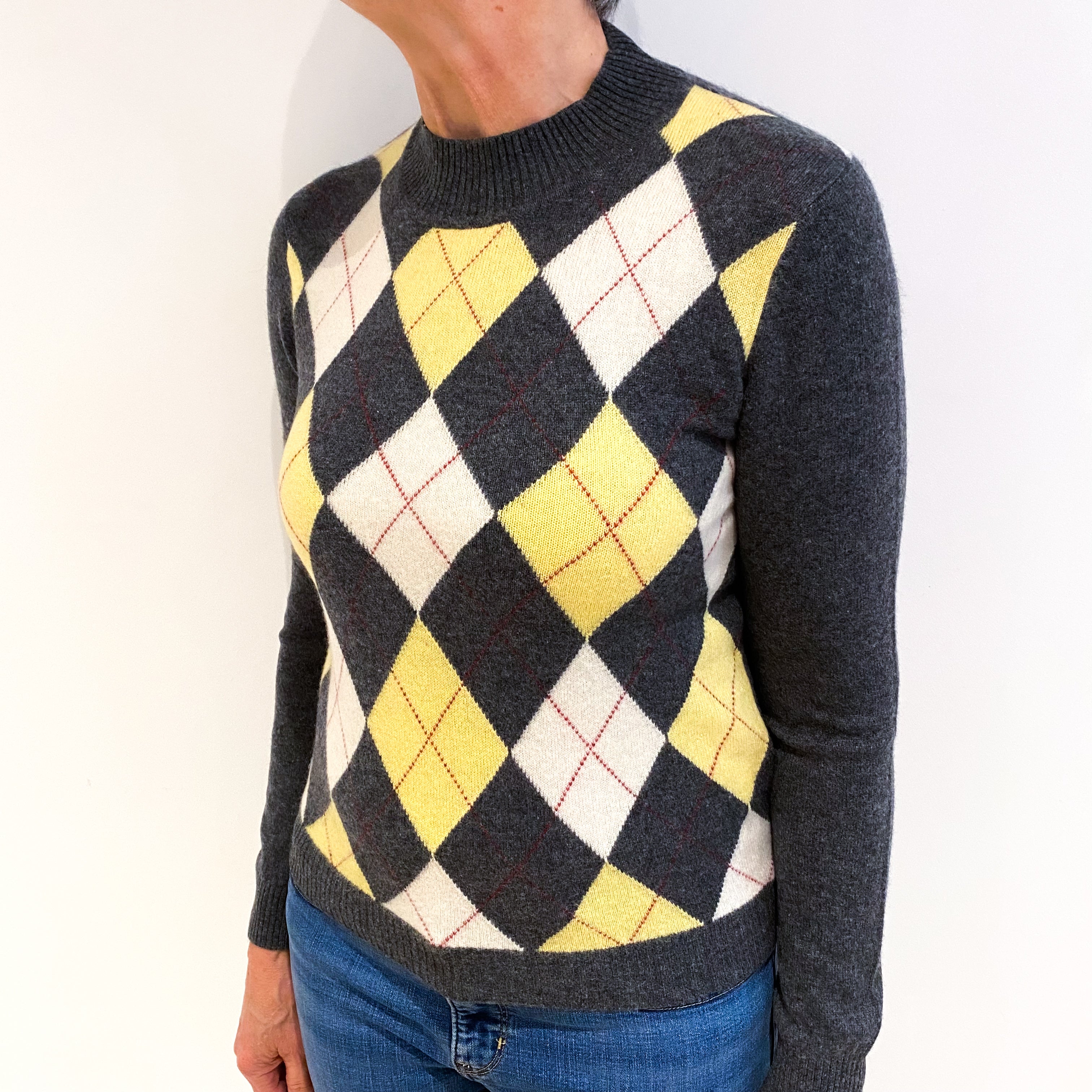 Slate Grey Diamond Pattern Cashmere Turtle Neck Jumper Medium