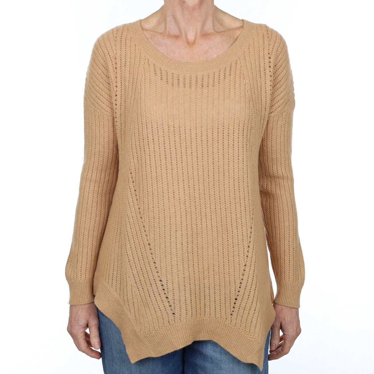 Caramel Textured Cashmere Handkerchief Hem Crew Neck Jumper Small