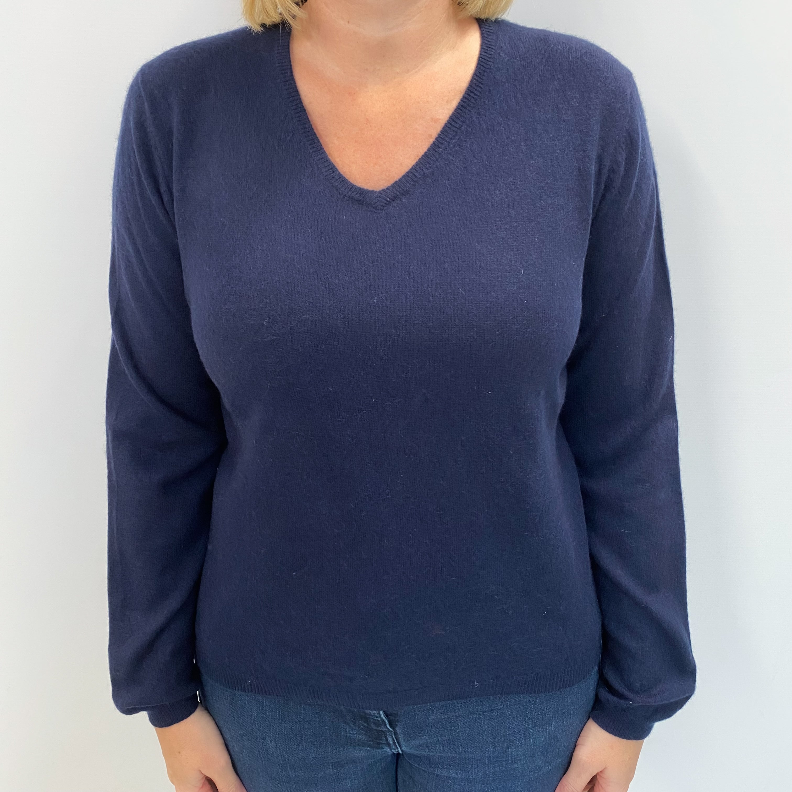 Navy Blue Cashmere V Neck Jumper Large