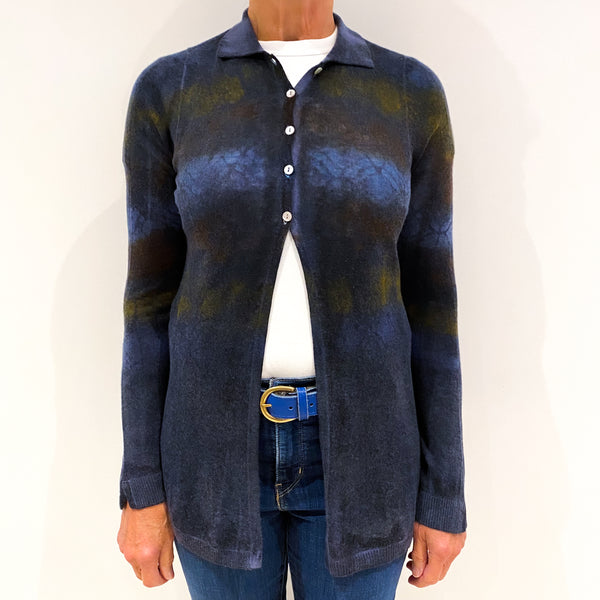 Navy and Khaki Fine Knit Cashmere Collared Cardigan Medium