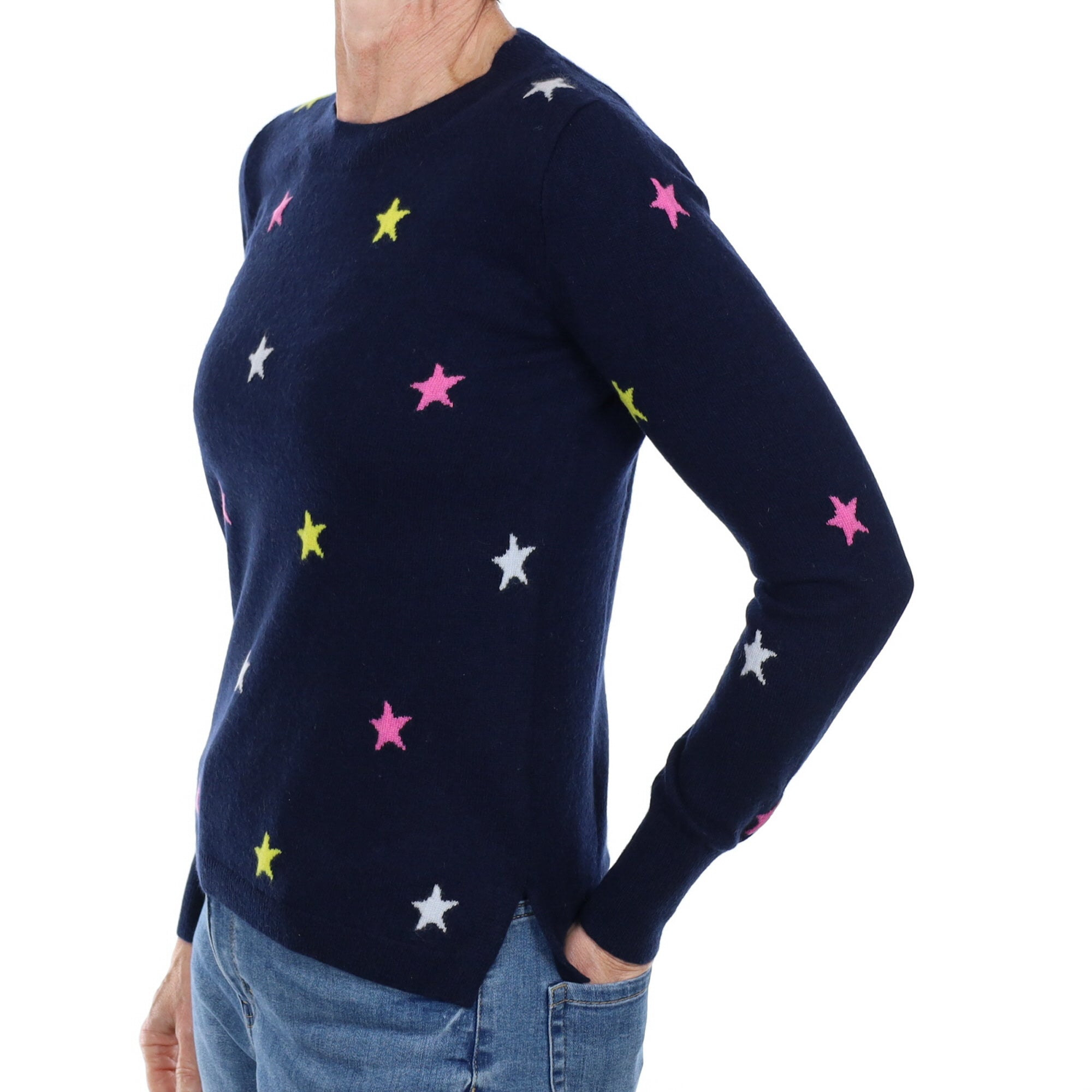 Navy Blue Star Cashmere Crew Neck Jumper Small