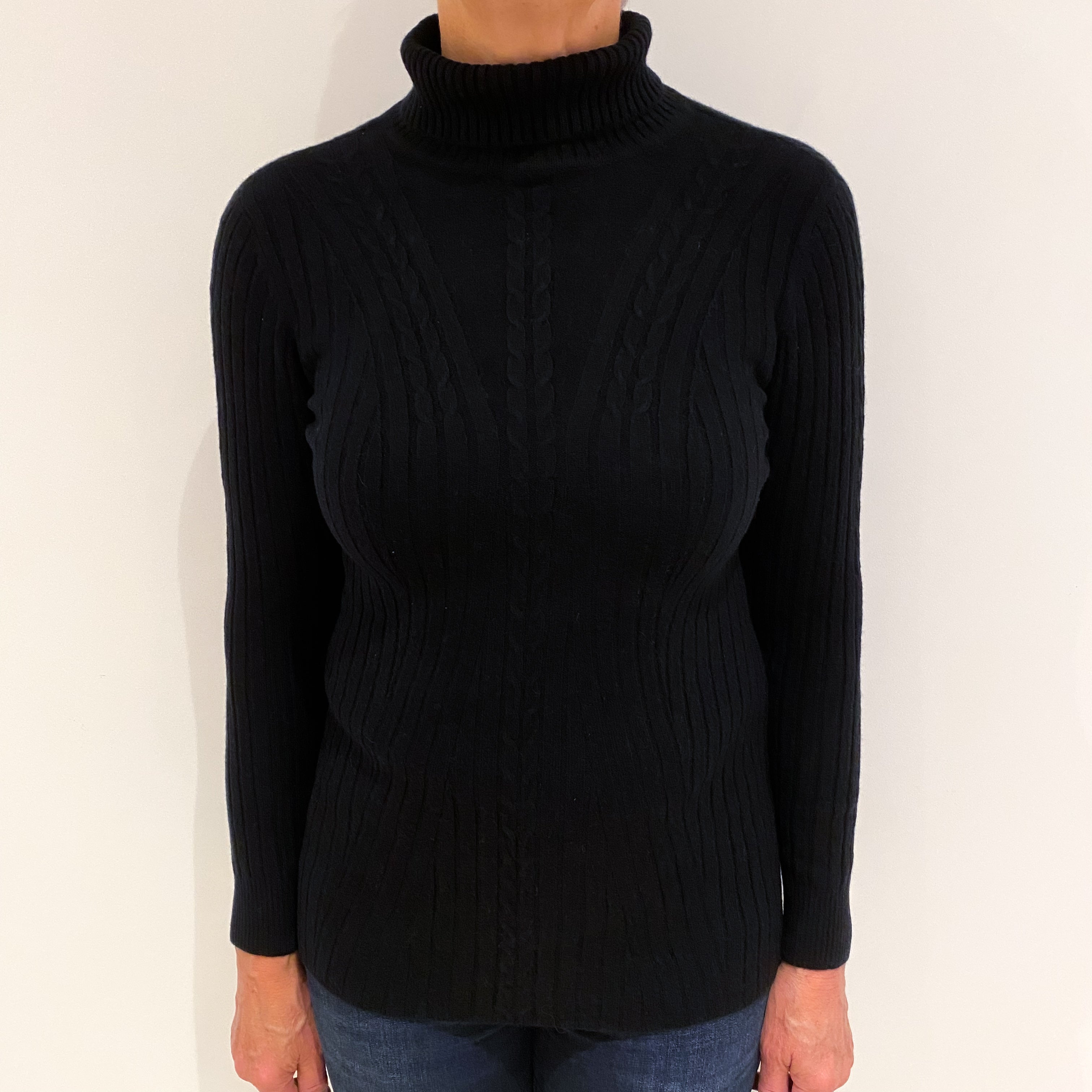 Black Rib Cashmere Polo Neck Jumper Medium