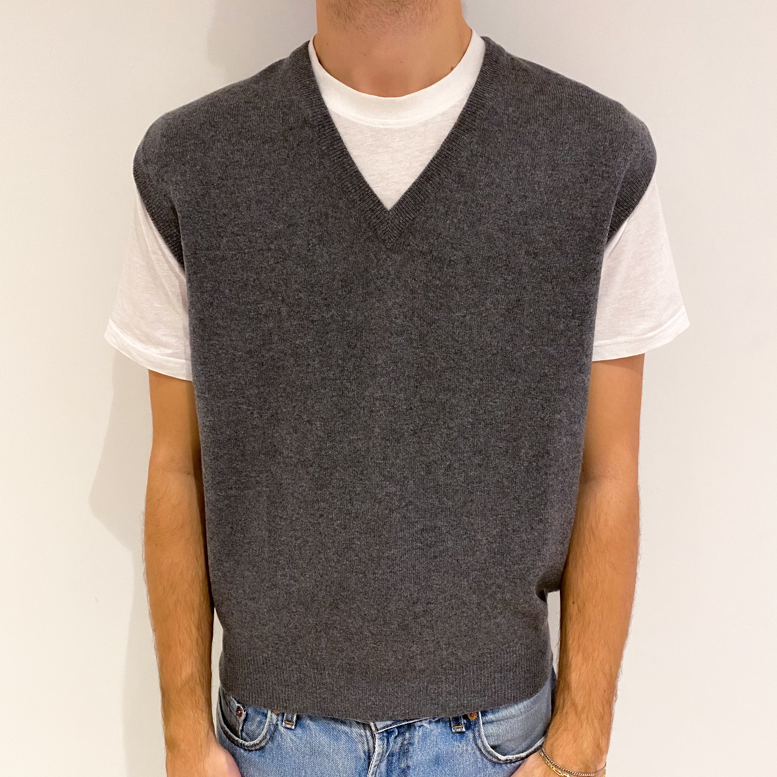Men's Slate Grey Cashmere V Neck Tank Top Large