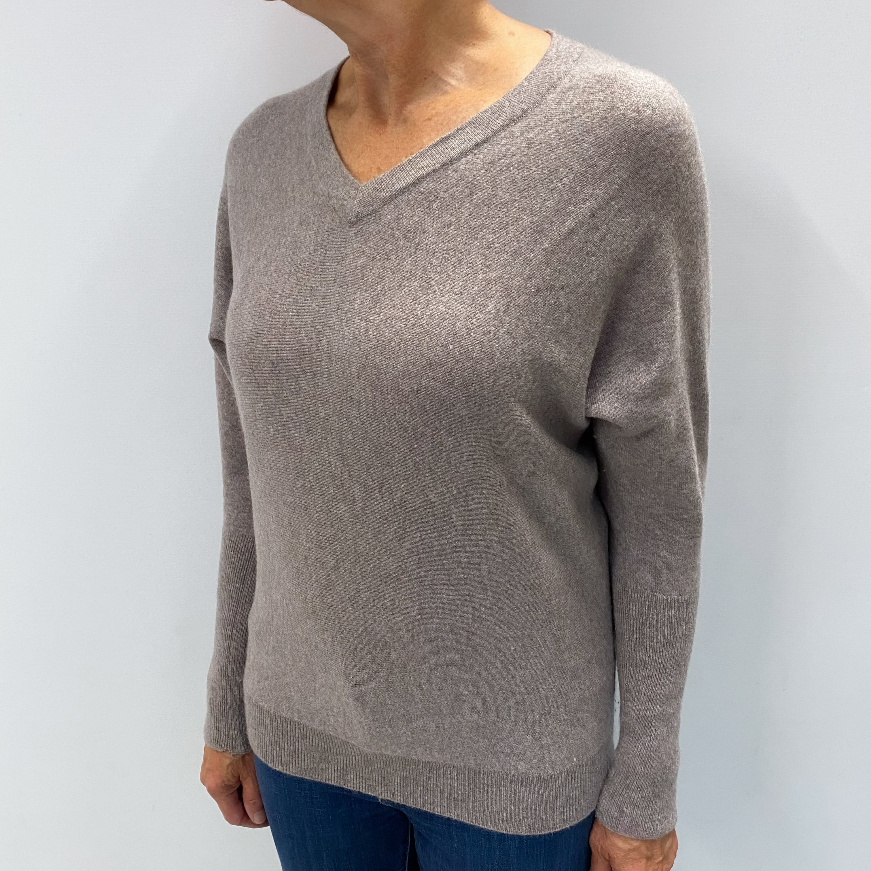Mink Brown Cashmere Batwing V Neck Jumper Medium