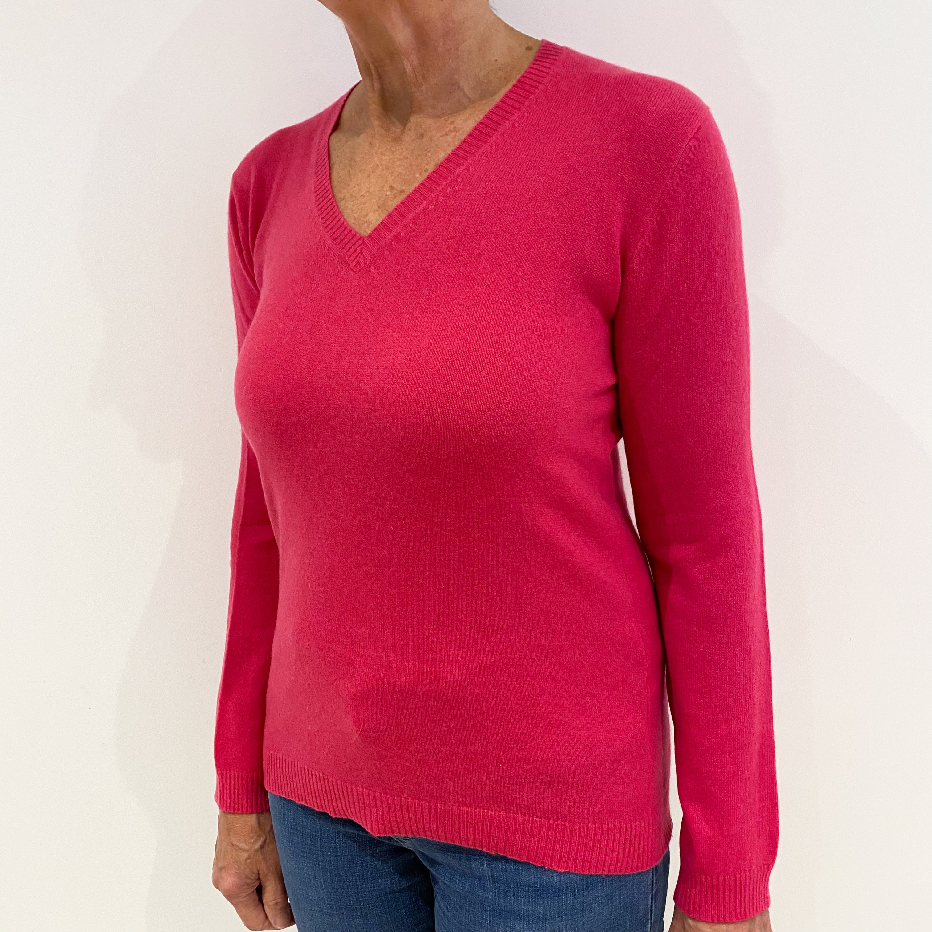 Fuchsia Pink Cashmere V-Neck Jumper Medium