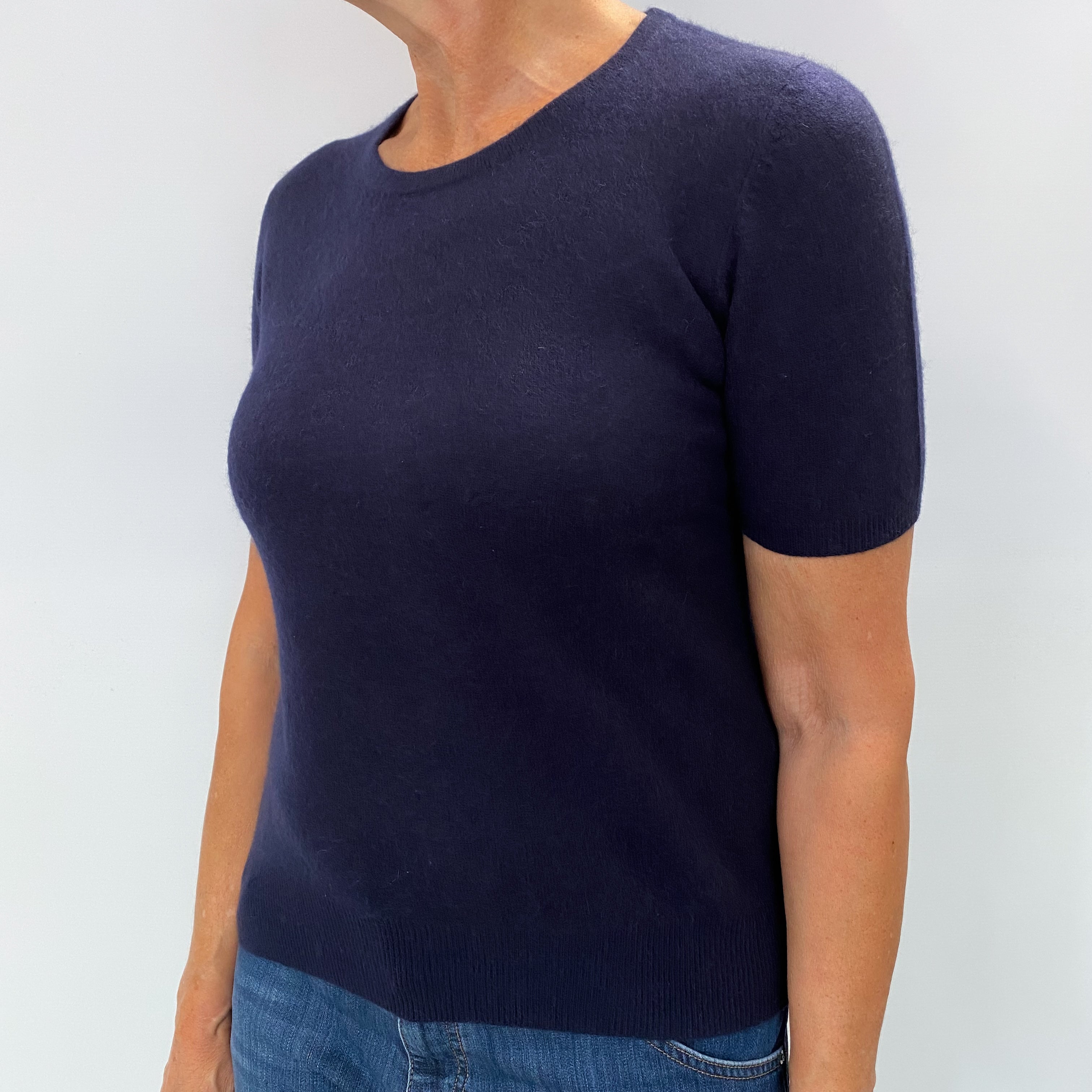 Navy Blue Cashmere Crew Neck Short Sleeved Jumper Medium