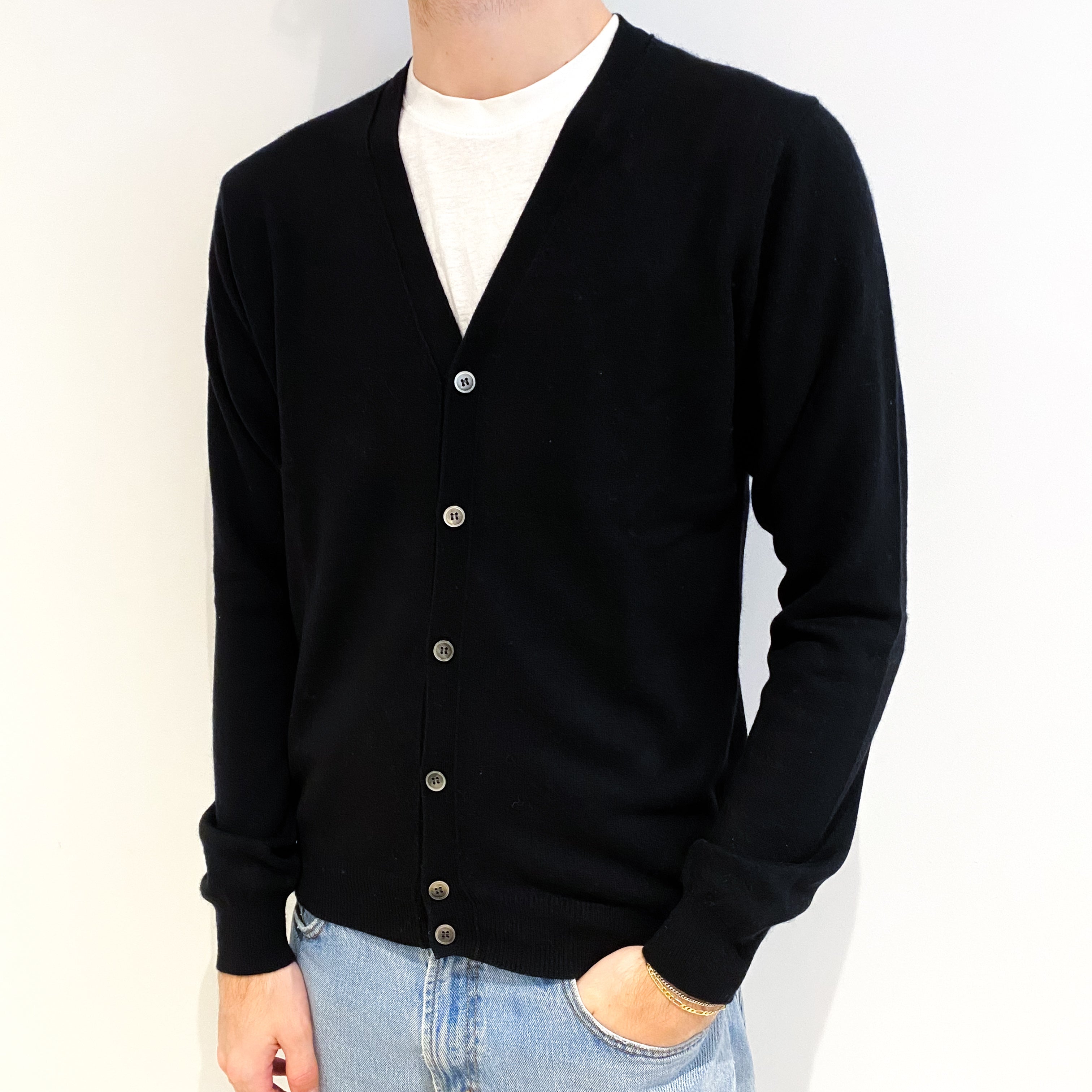 Men's Black Cashmere V Neck Cardigan Large