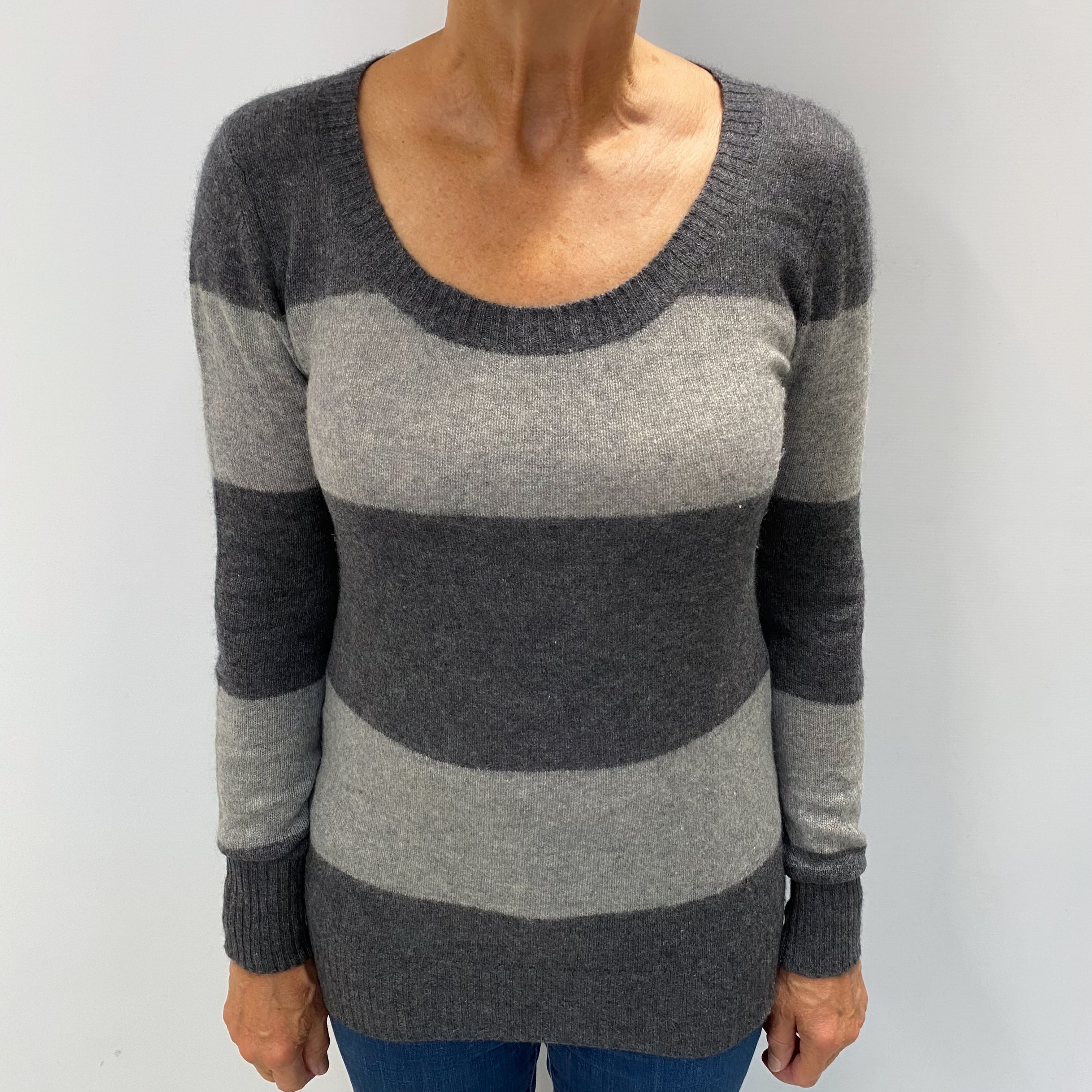Grey Stripe Cashmere Scoop Neck Jumper Medium