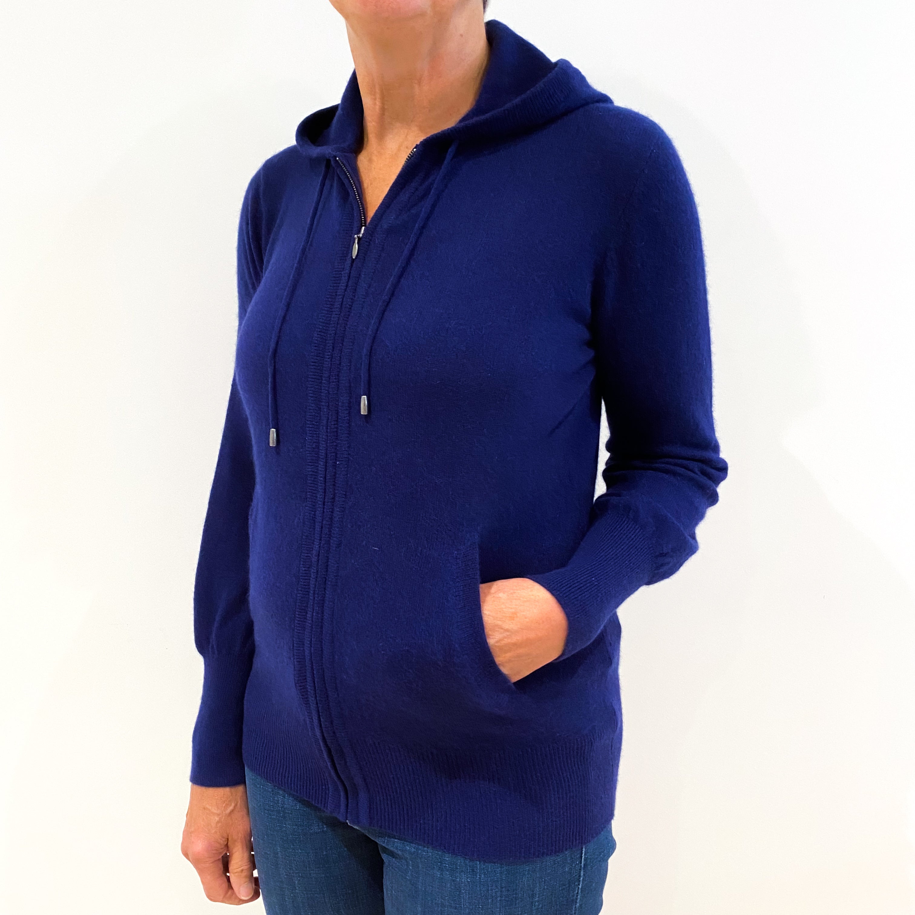 Navy Blue Cashmere Zip Up Hooded Jumper Medium