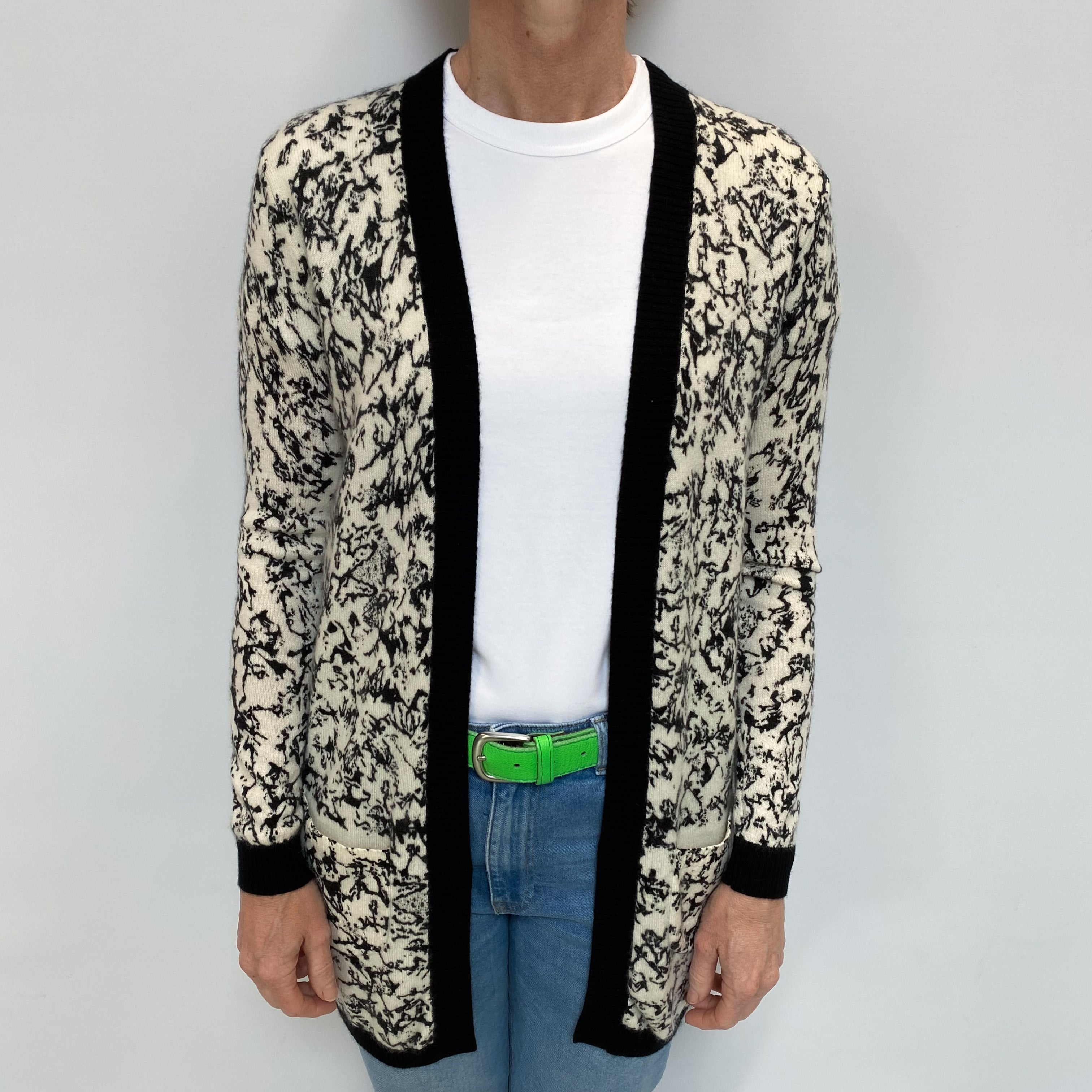 Black and Winter White Cashmere Edge to Edge Cardigan Small