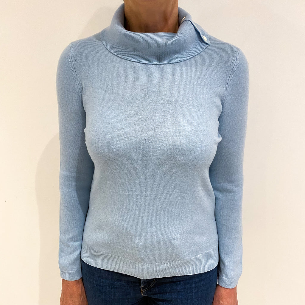 Pale Blue Cashmere Buttoned Funnel Neck Jumper Medium