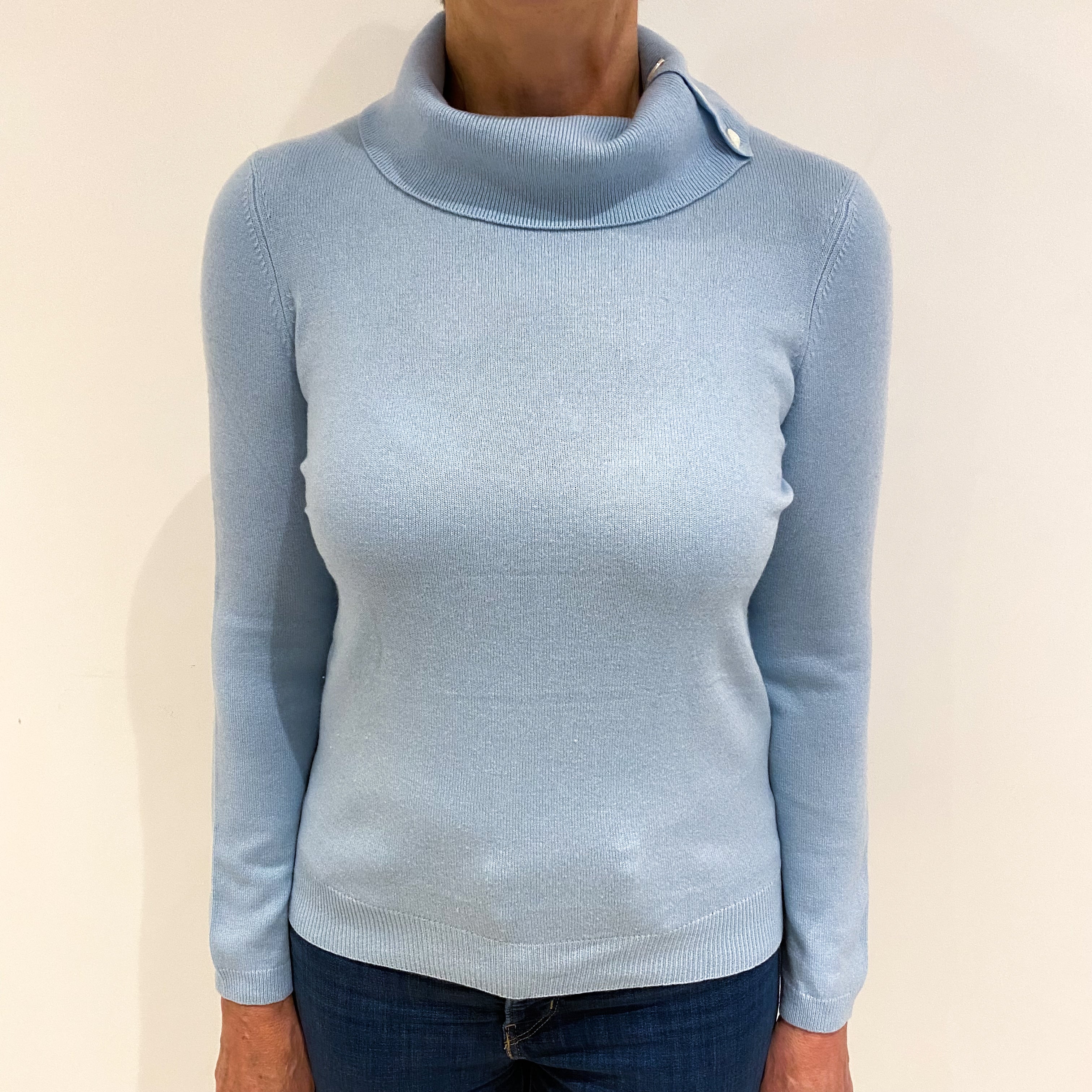 Pale Blue Cashmere Buttoned Funnel Neck Jumper Medium