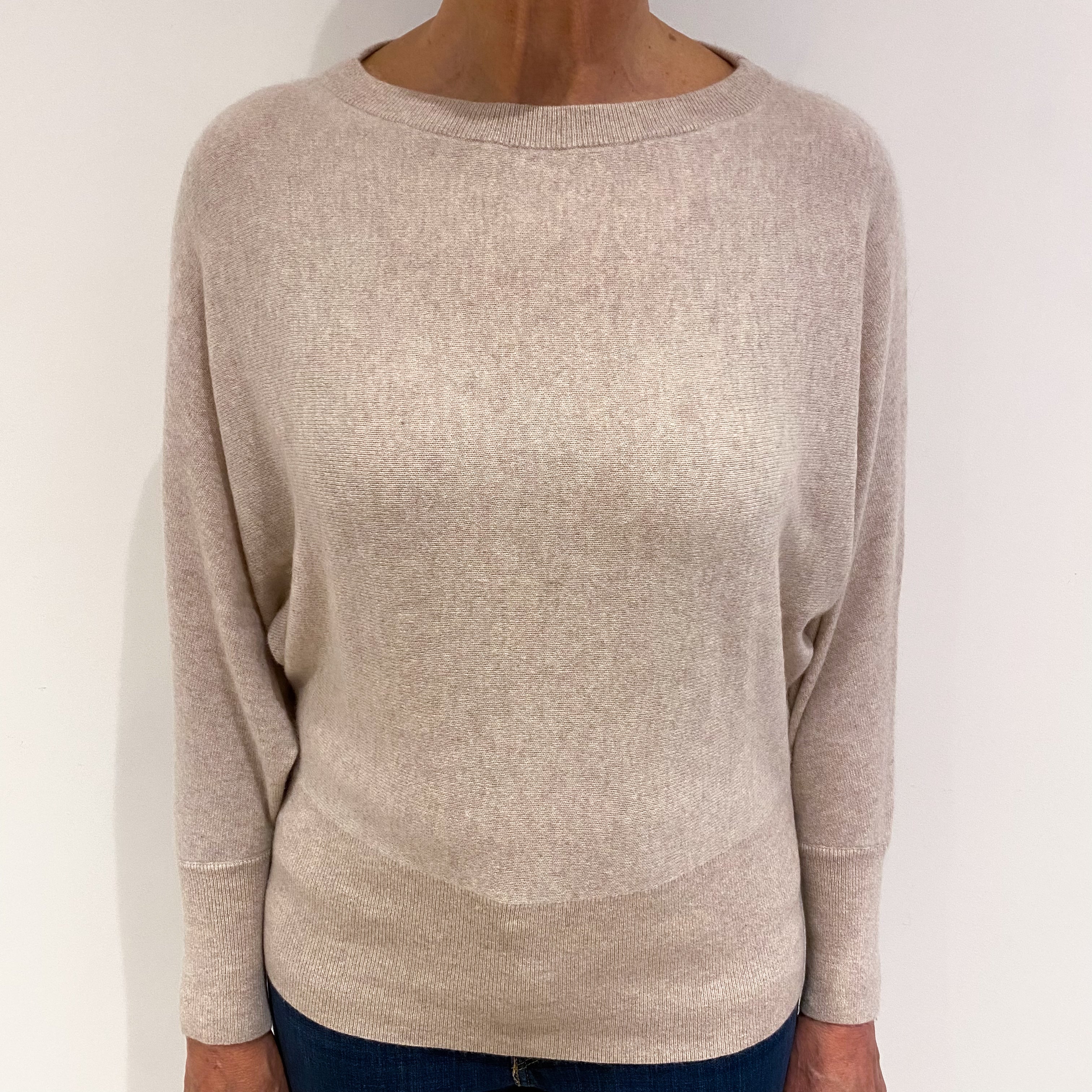 Oatmeal Beige Cashmere Wide Crew Neck Jumper Medium