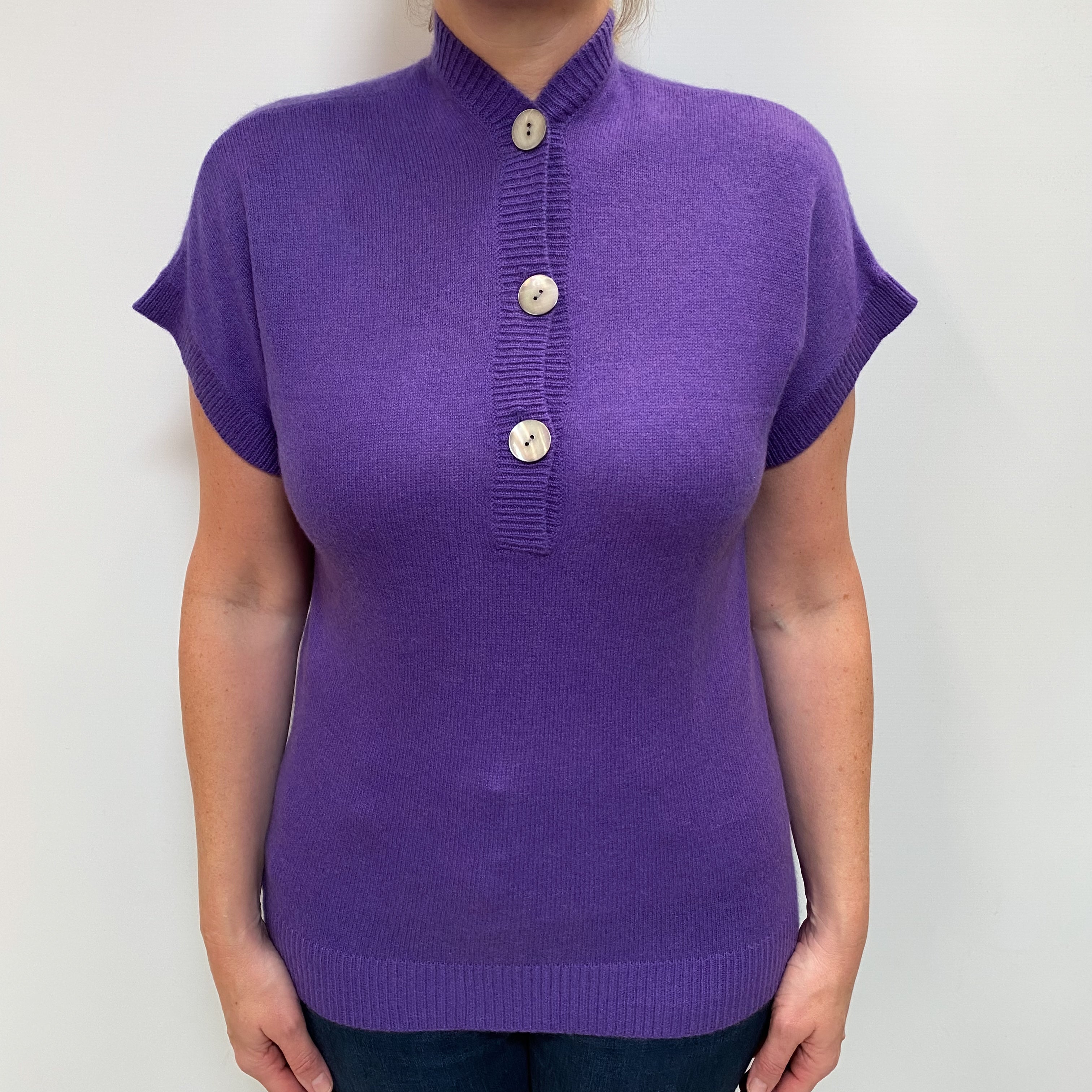 Pansy Purple Short Sleeved Cashmere Button V-Neck Large