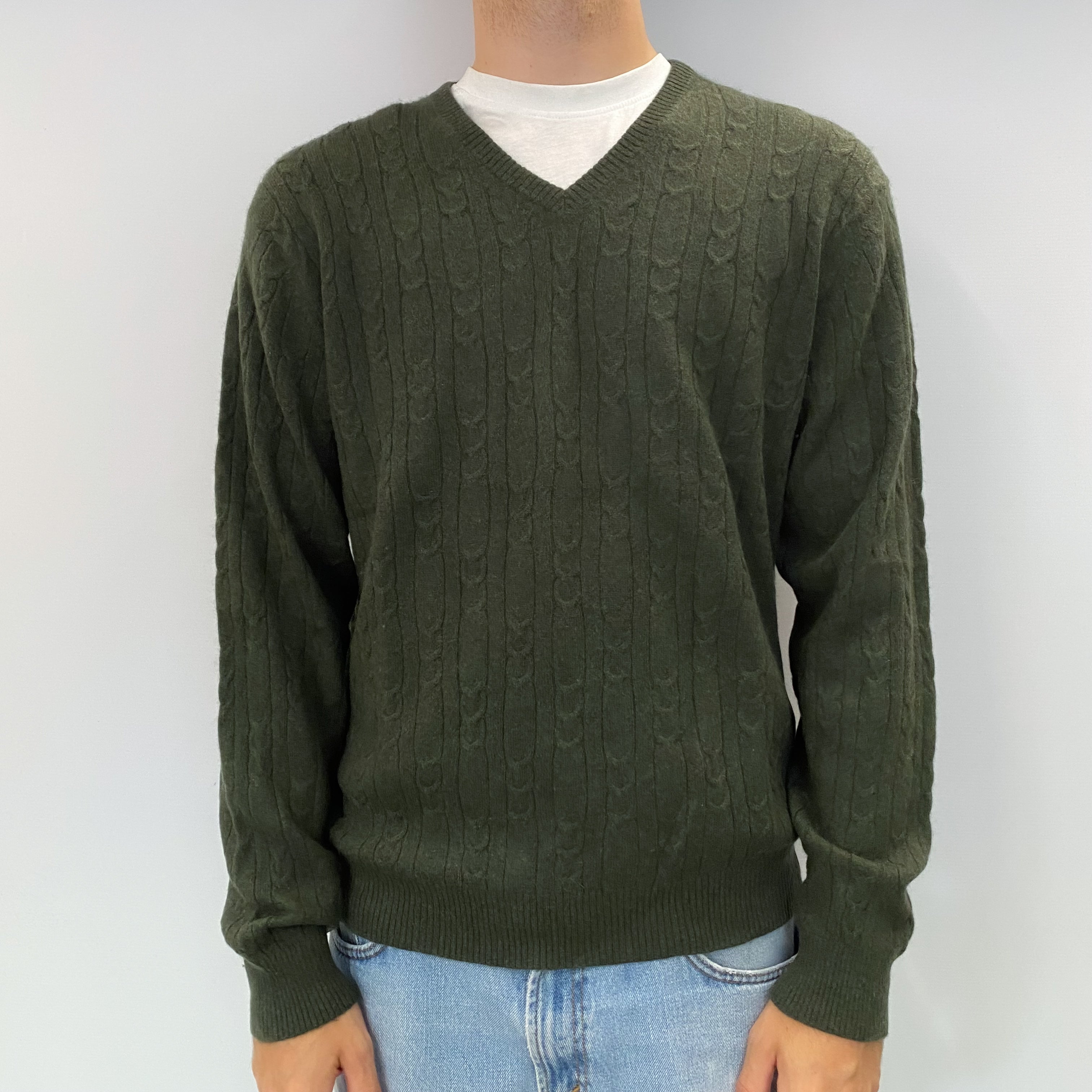 Men's Deep Khaki Green Cashmere Cable Knit V Neck Jumper Large