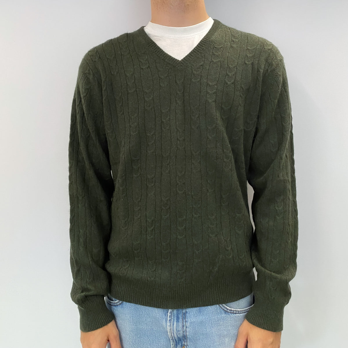 Men's Deep Khaki Green Cashmere Cable Knit V Neck Jumper Large