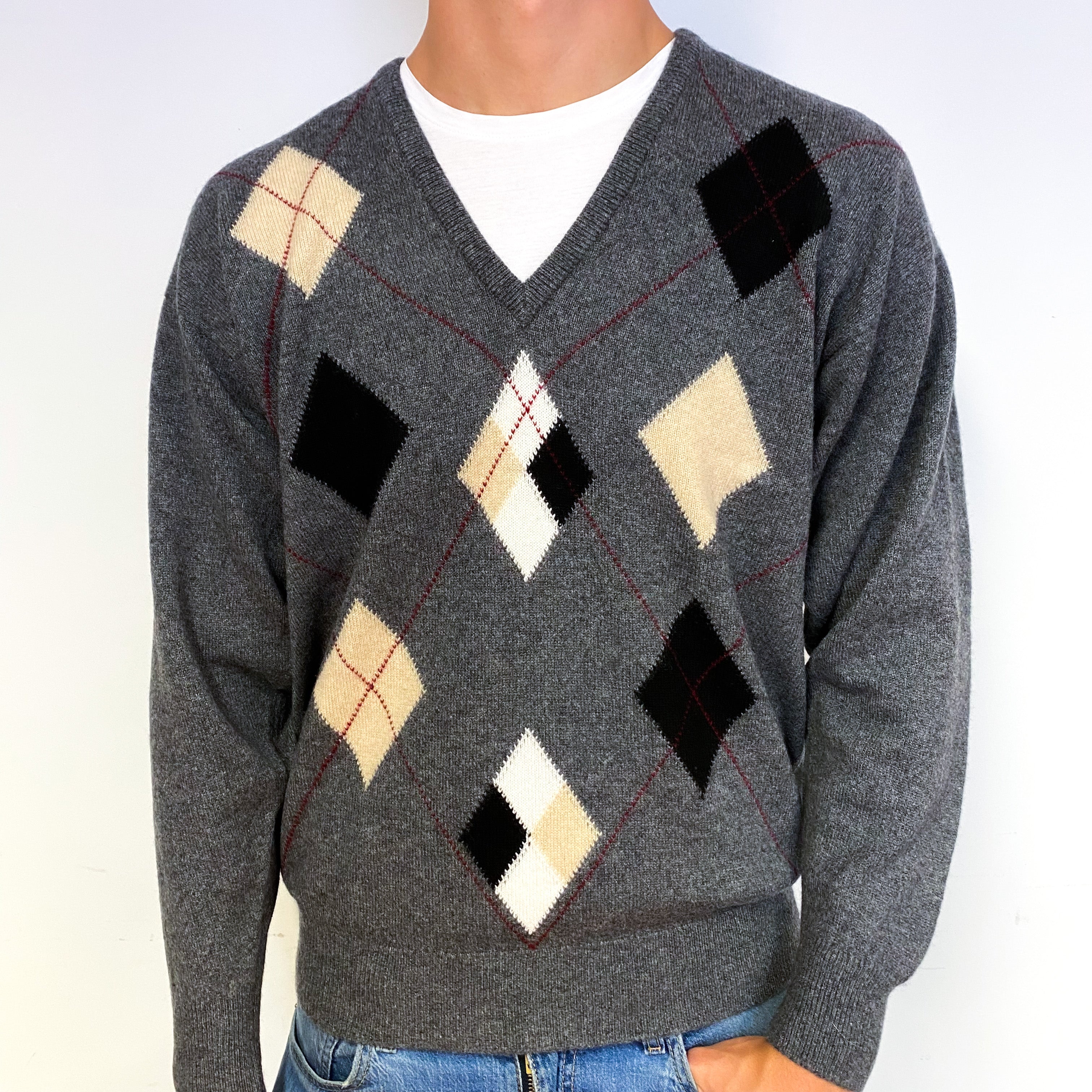Men's Pringle Grey Diamond Cashmere V-Neck Jumper Extra Large