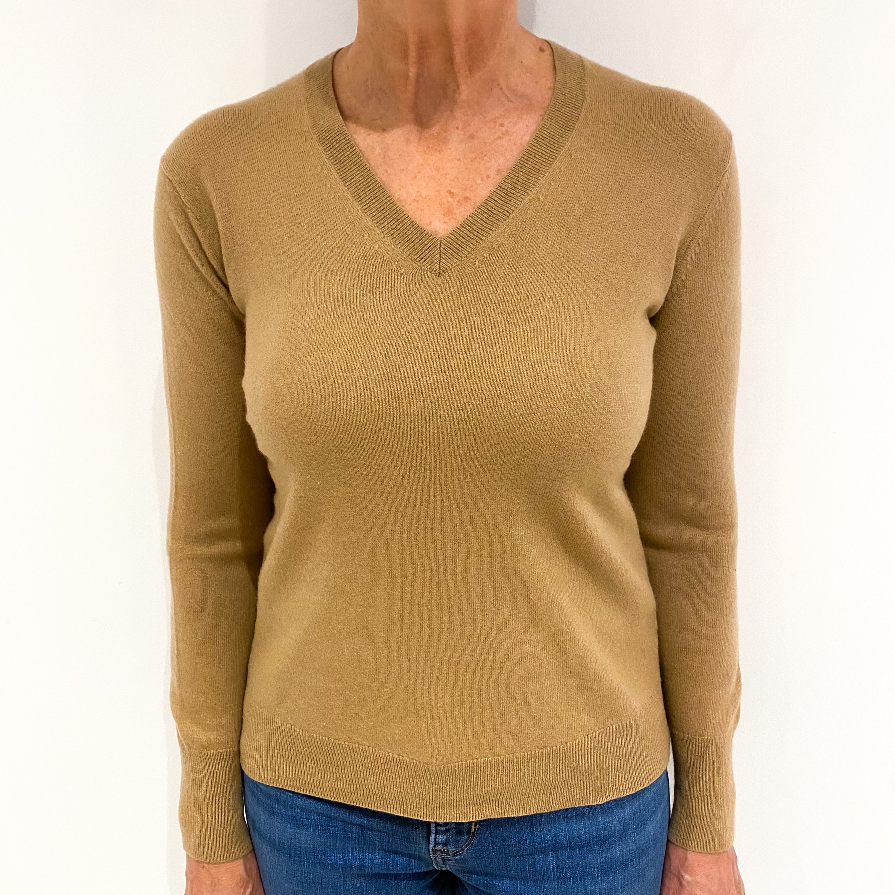 Camel Brown Cashmere V Neck Jumper Medium