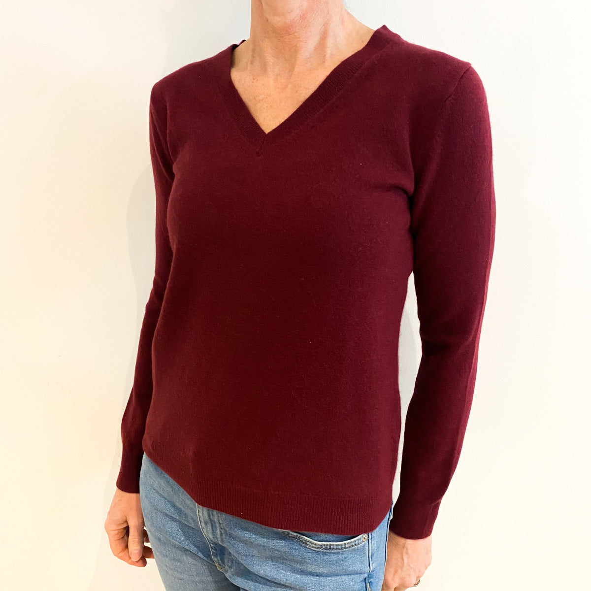 Maroon Red Cashmere V Neck Jumper Small