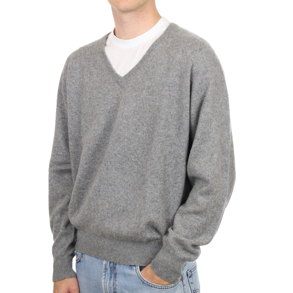 Men's Smoke Grey Cashmere V Neck Jumper Large