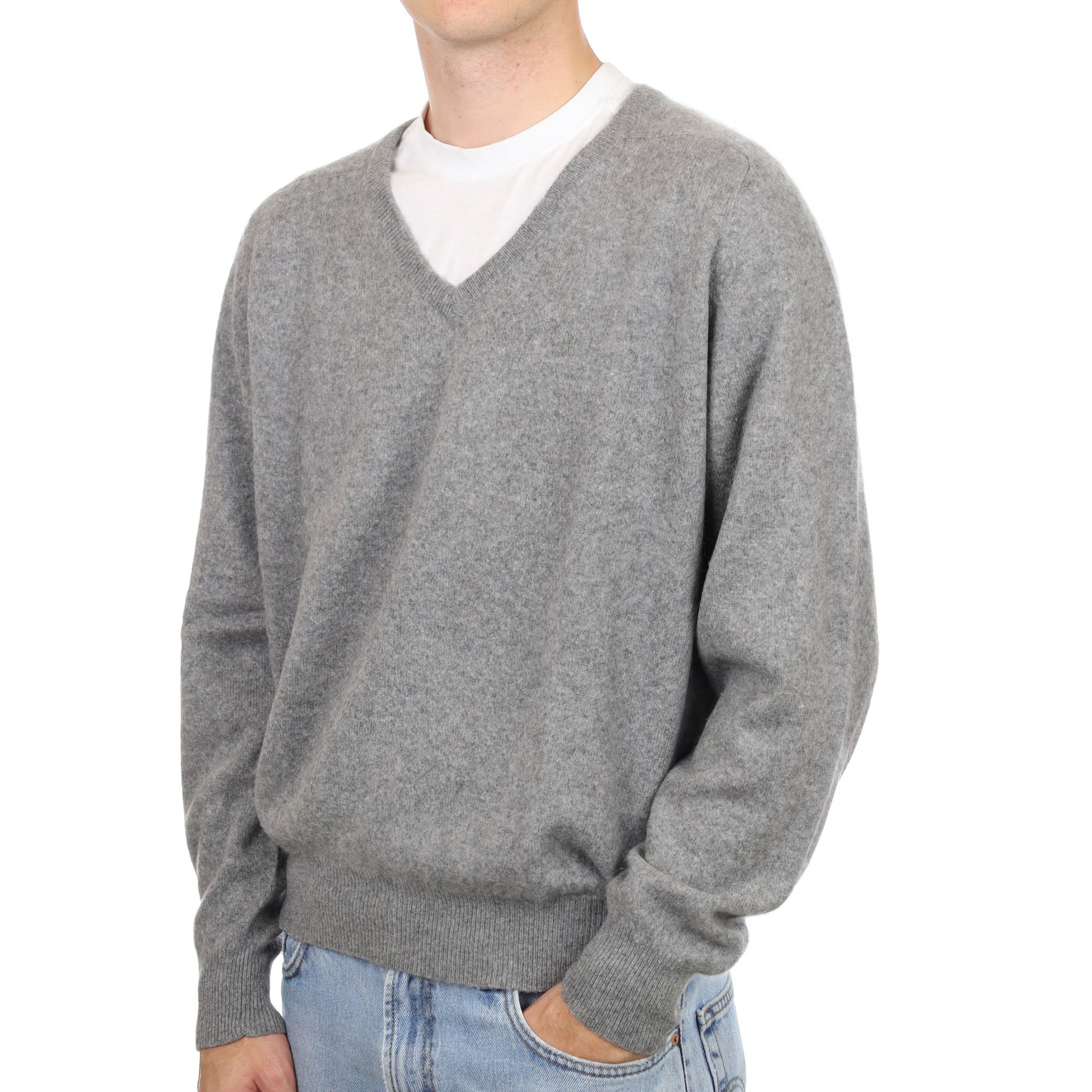 Men's Smoke Grey Cashmere V Neck Jumper Large