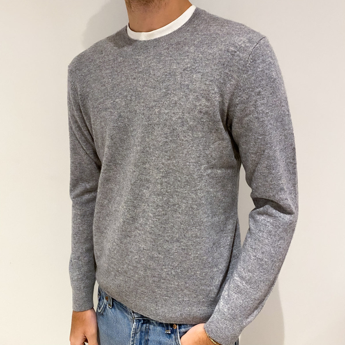 Men's Silver Grey Cashmere Crew Neck Jumper Large