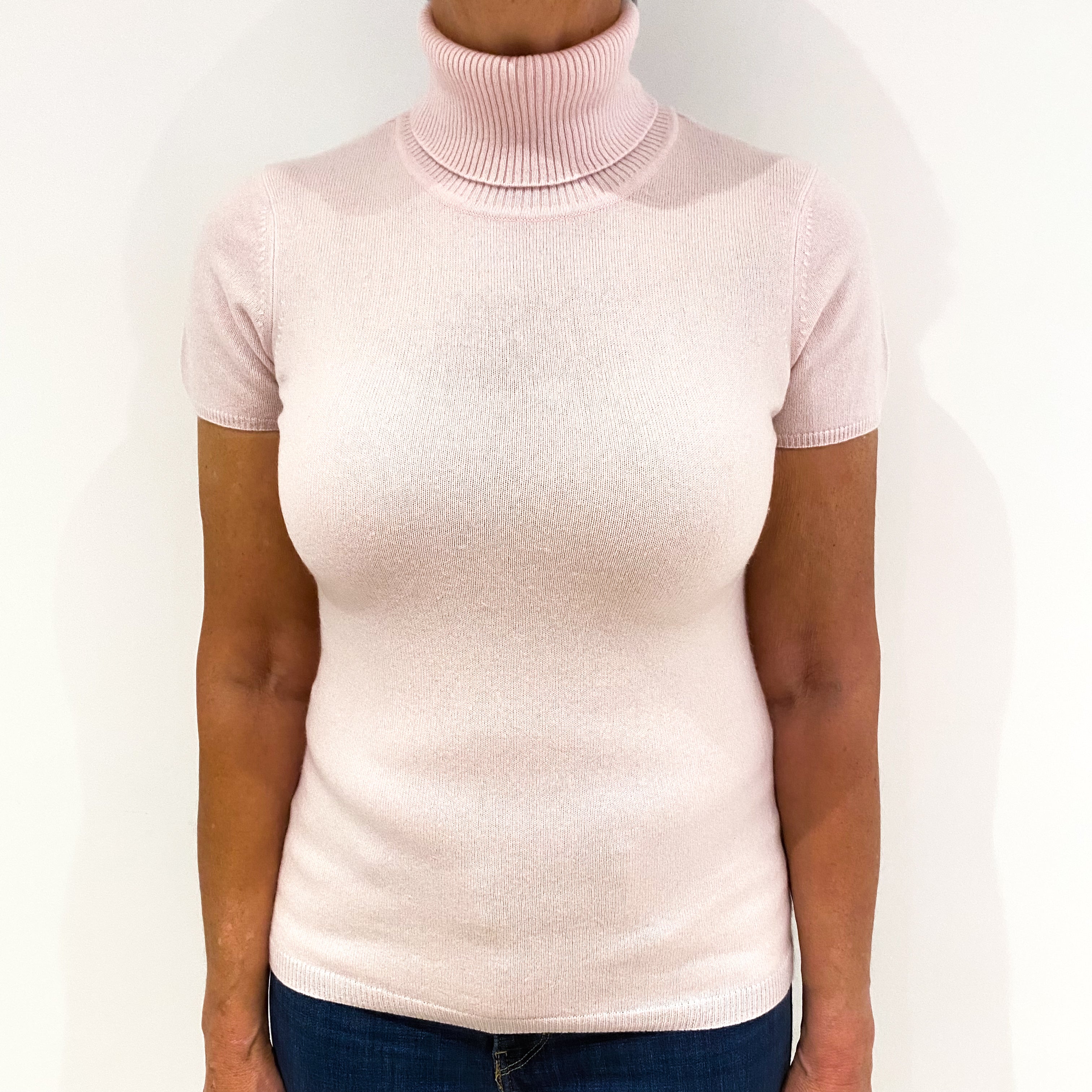 Ice Pink Short Sleeved Cashmere Polo Neck Jumper Medium