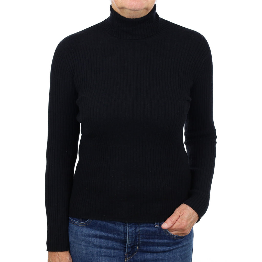 Black Skinny Rib Cashmere Polo Neck Jumper Medium