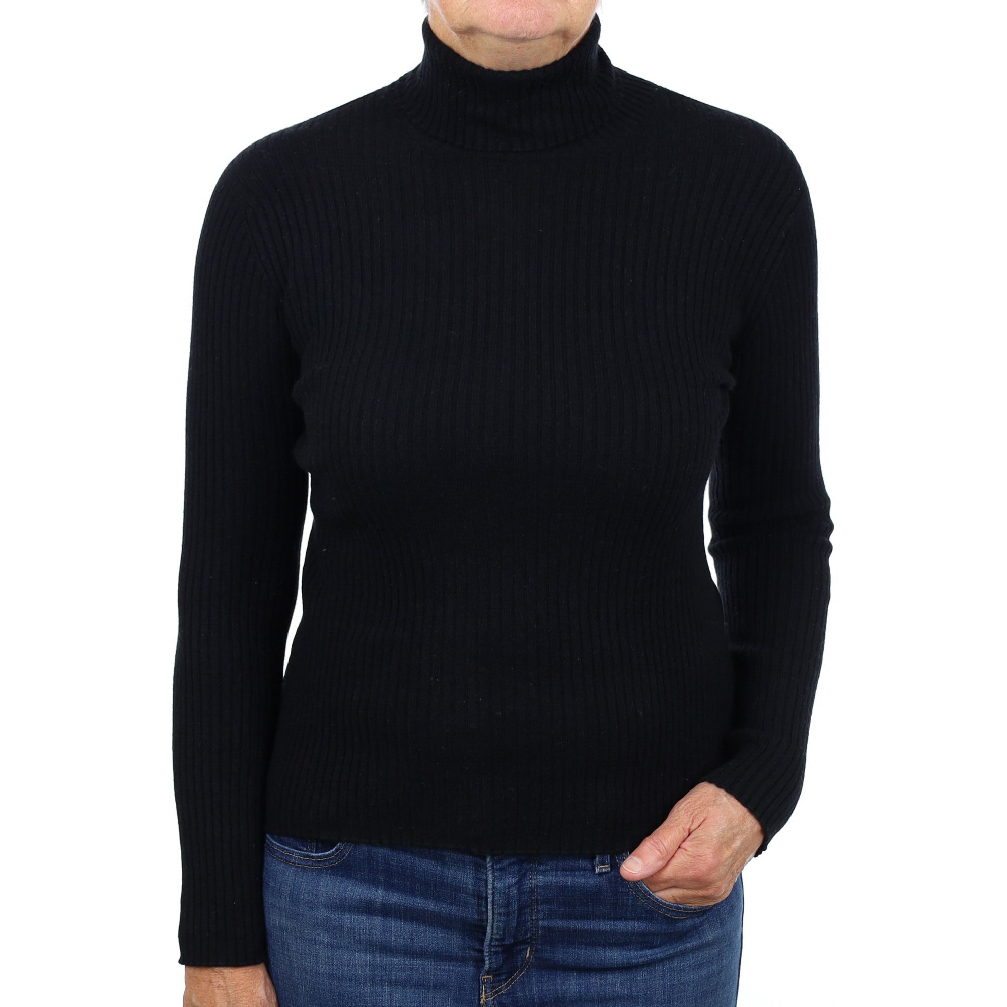 Black Skinny Rib Cashmere Polo Neck Jumper Medium