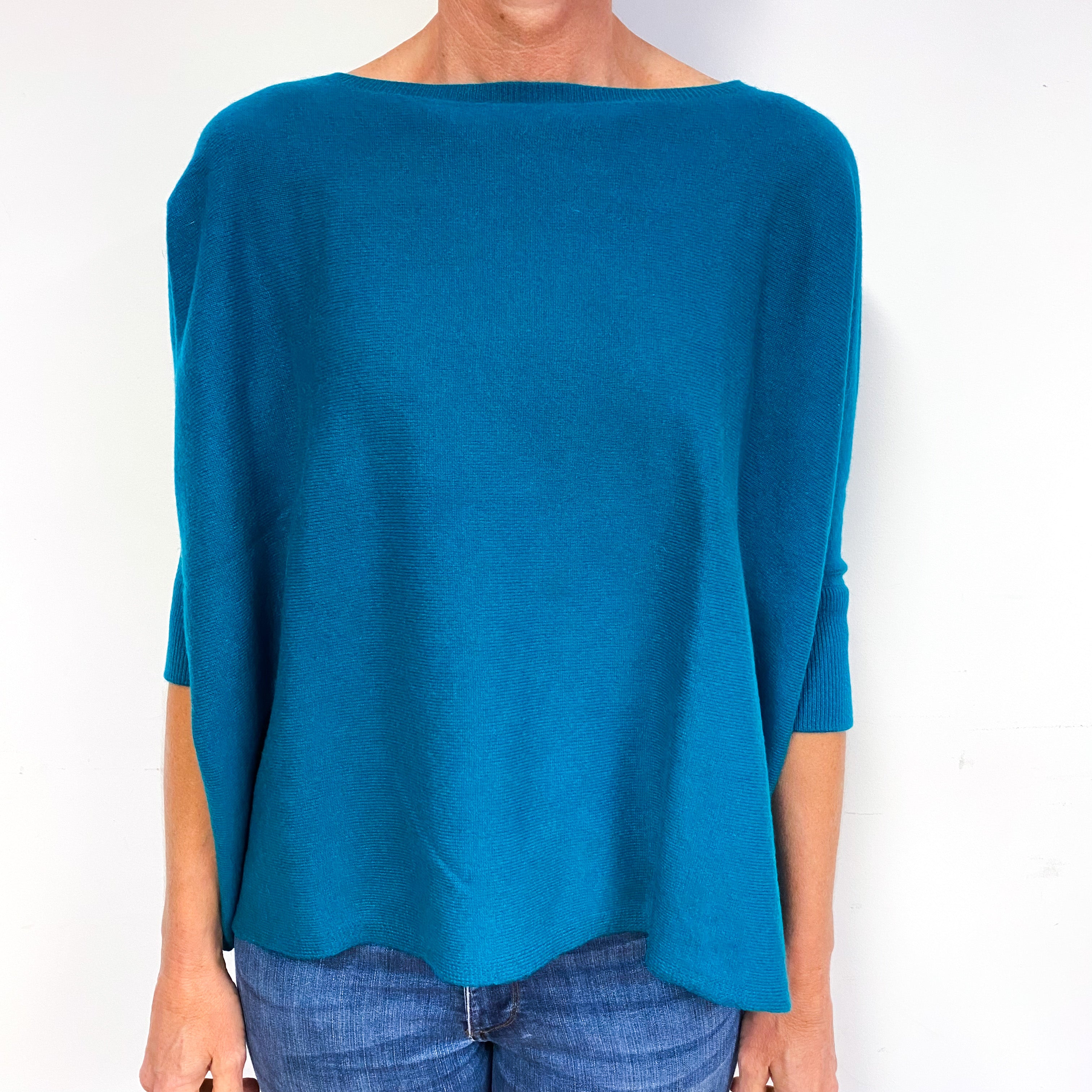 Teal Blue 3/4 Sleeve Cashmere Boat Neck Jumper Medium