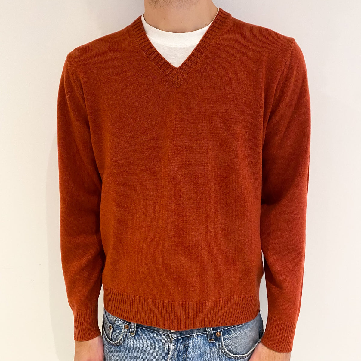 Men's Vintage Rust Orange Cashmere V Neck Jumper Large