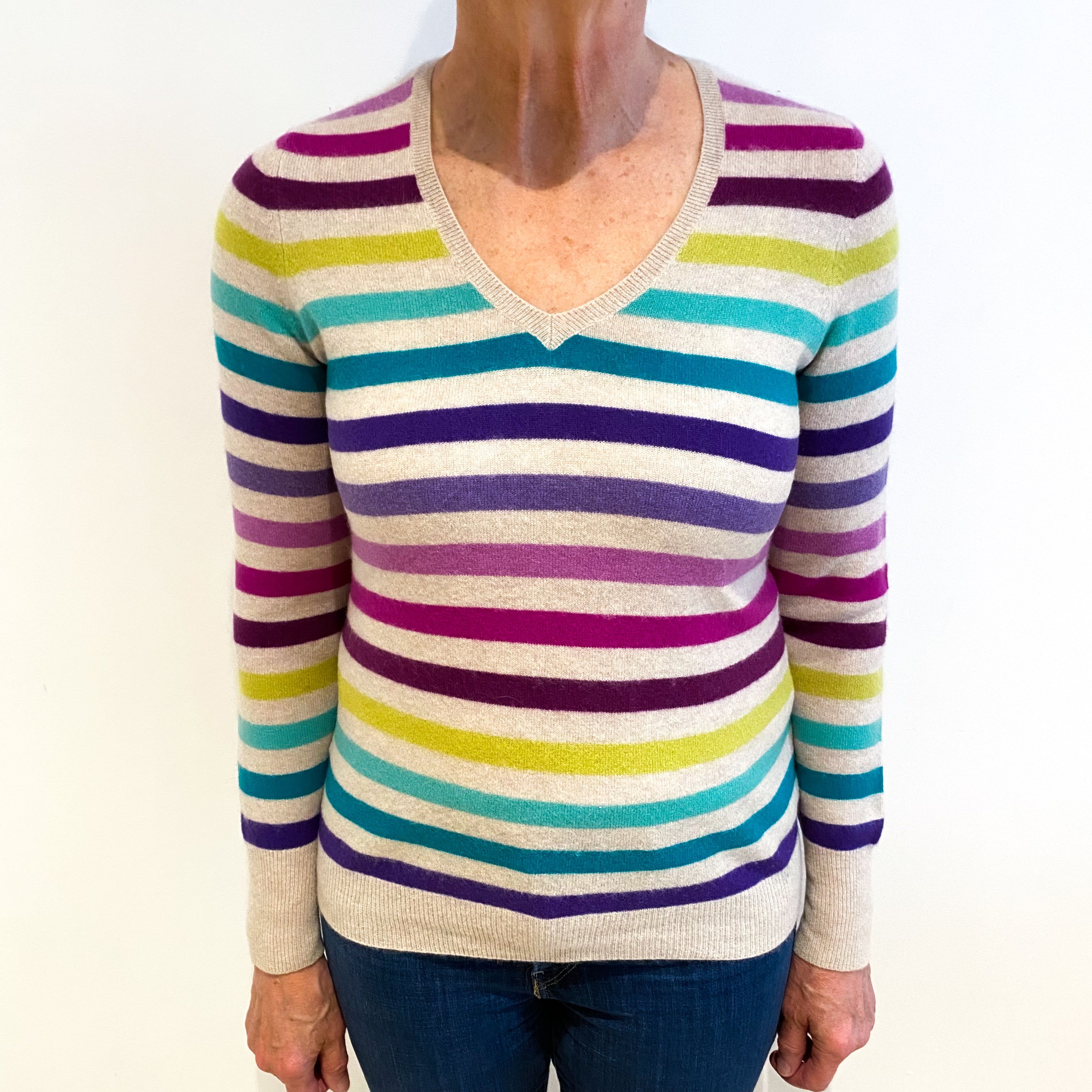 Fawn Beige Multicolour Stripes Cashmere V Neck Jumper Medium