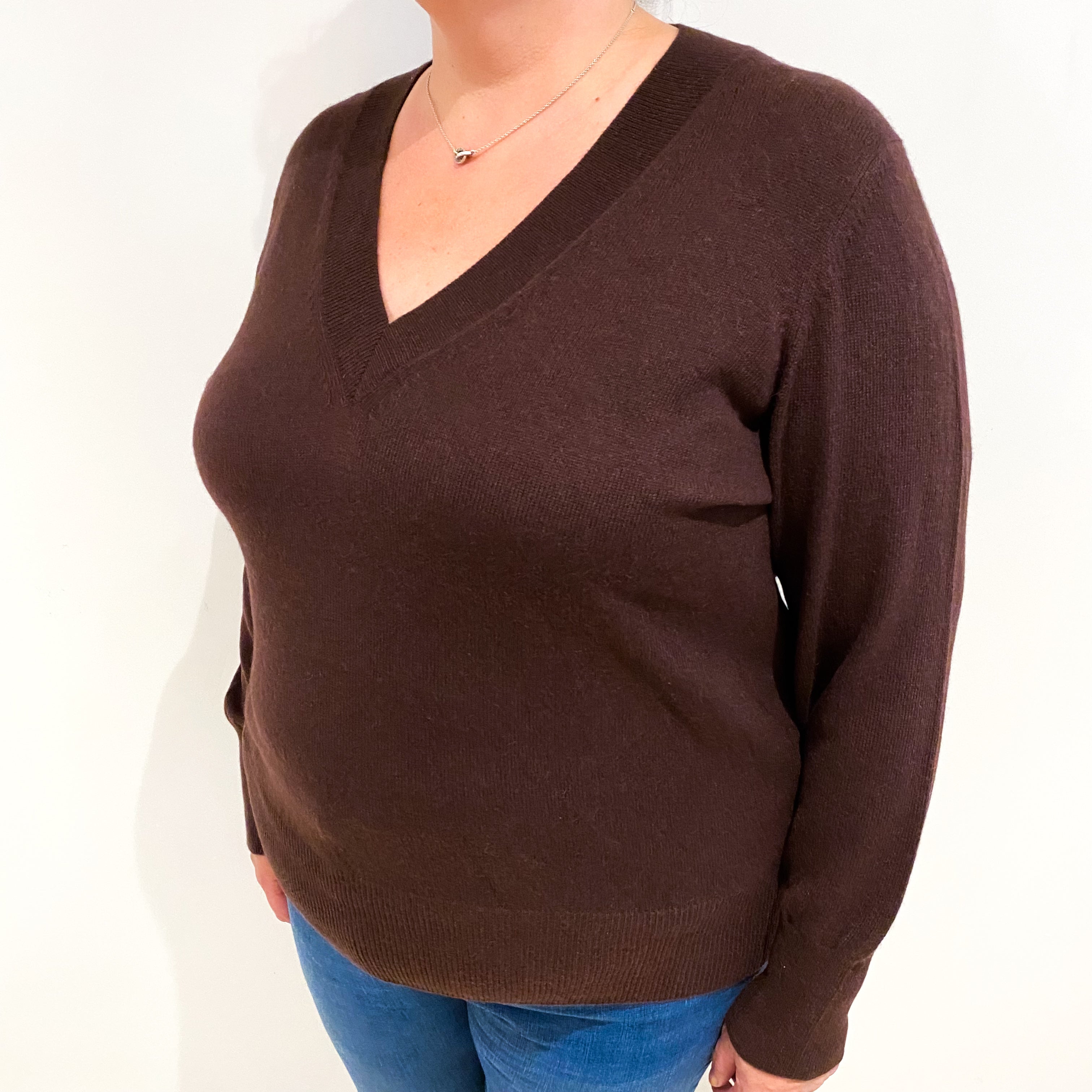 Mahogany Brown Cashmere V Neck Jumper Extra Extra Large