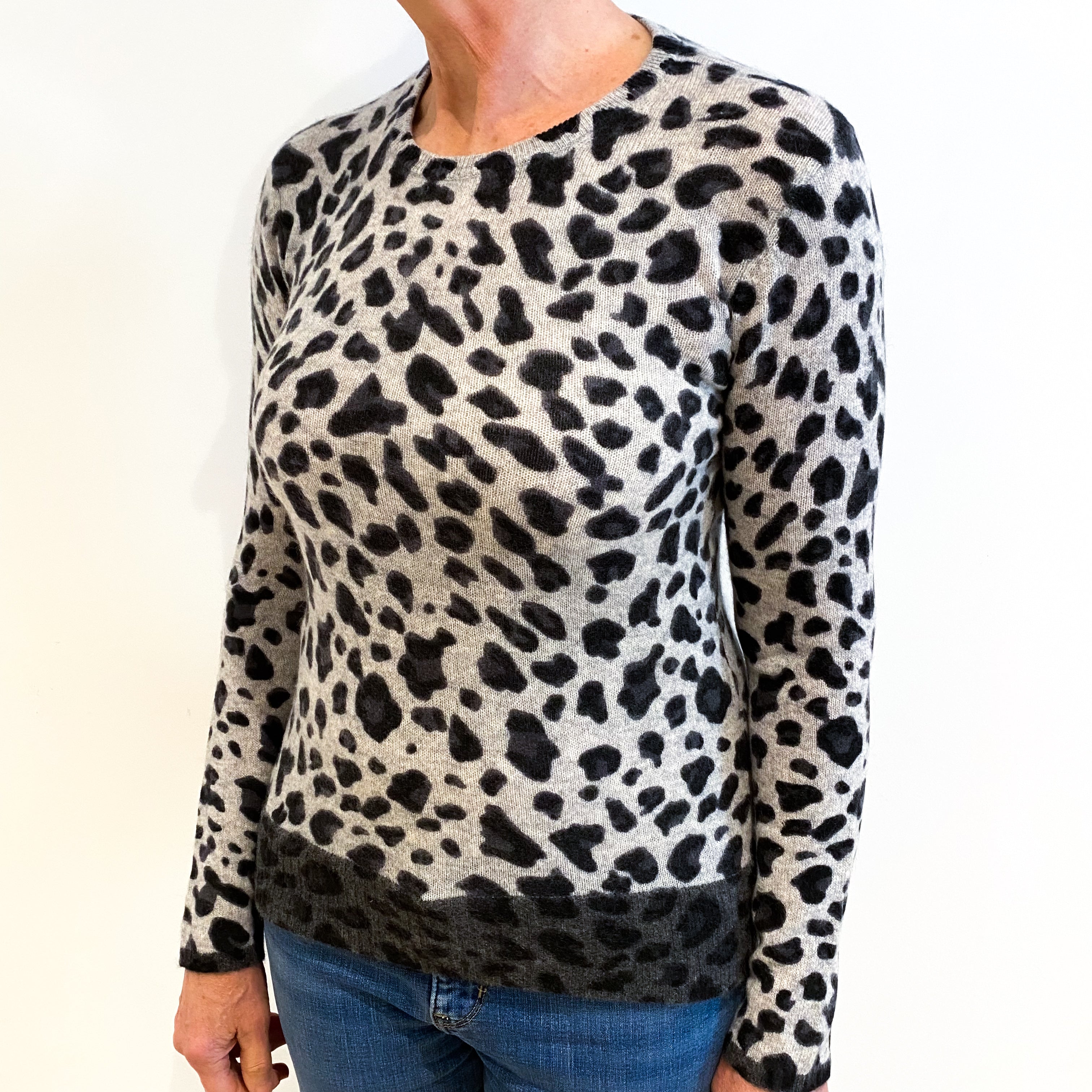 Grey Animal Print Cashmere Crew Neck Jumper Medium