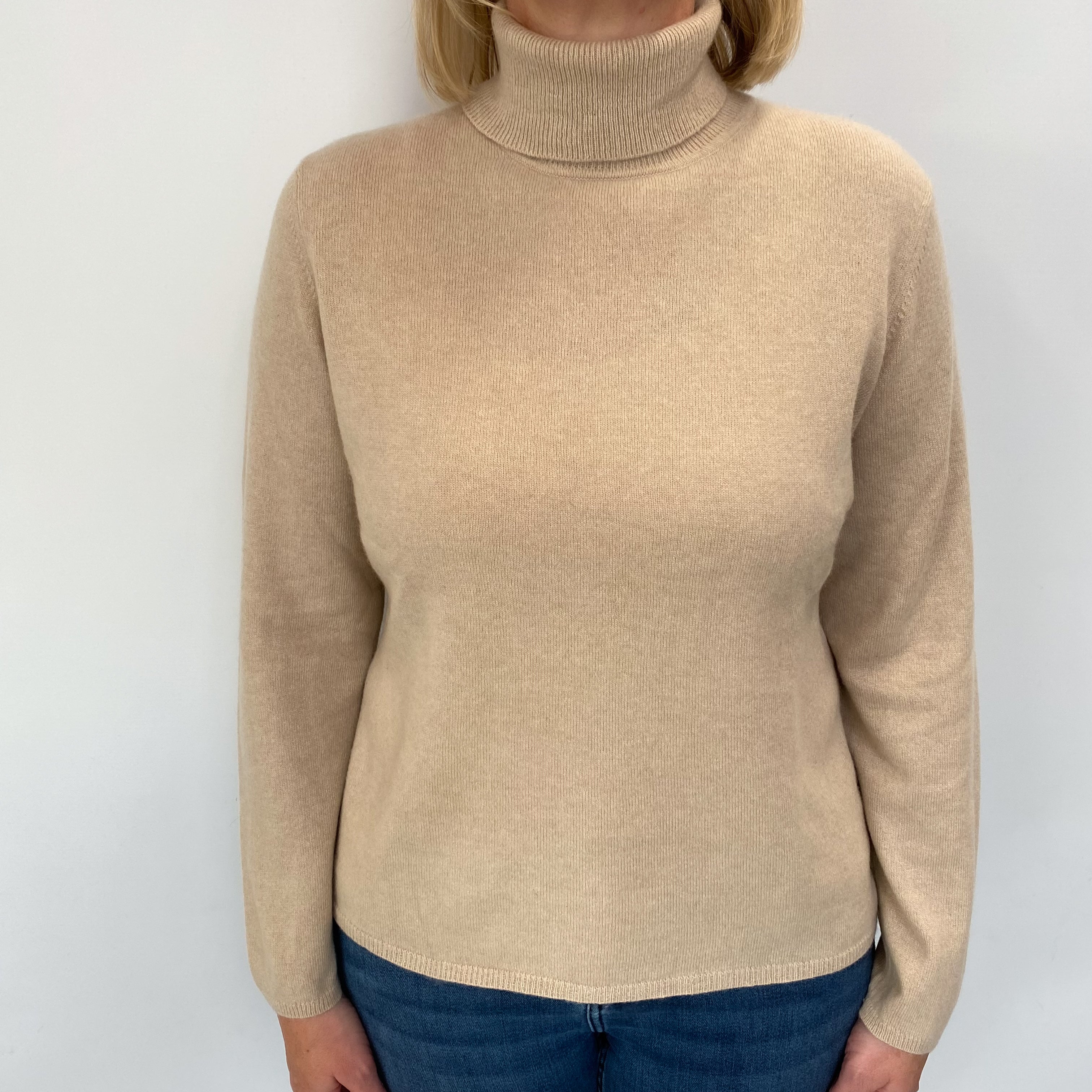 Buff Beige Cashmere Polo Neck Jumper Large