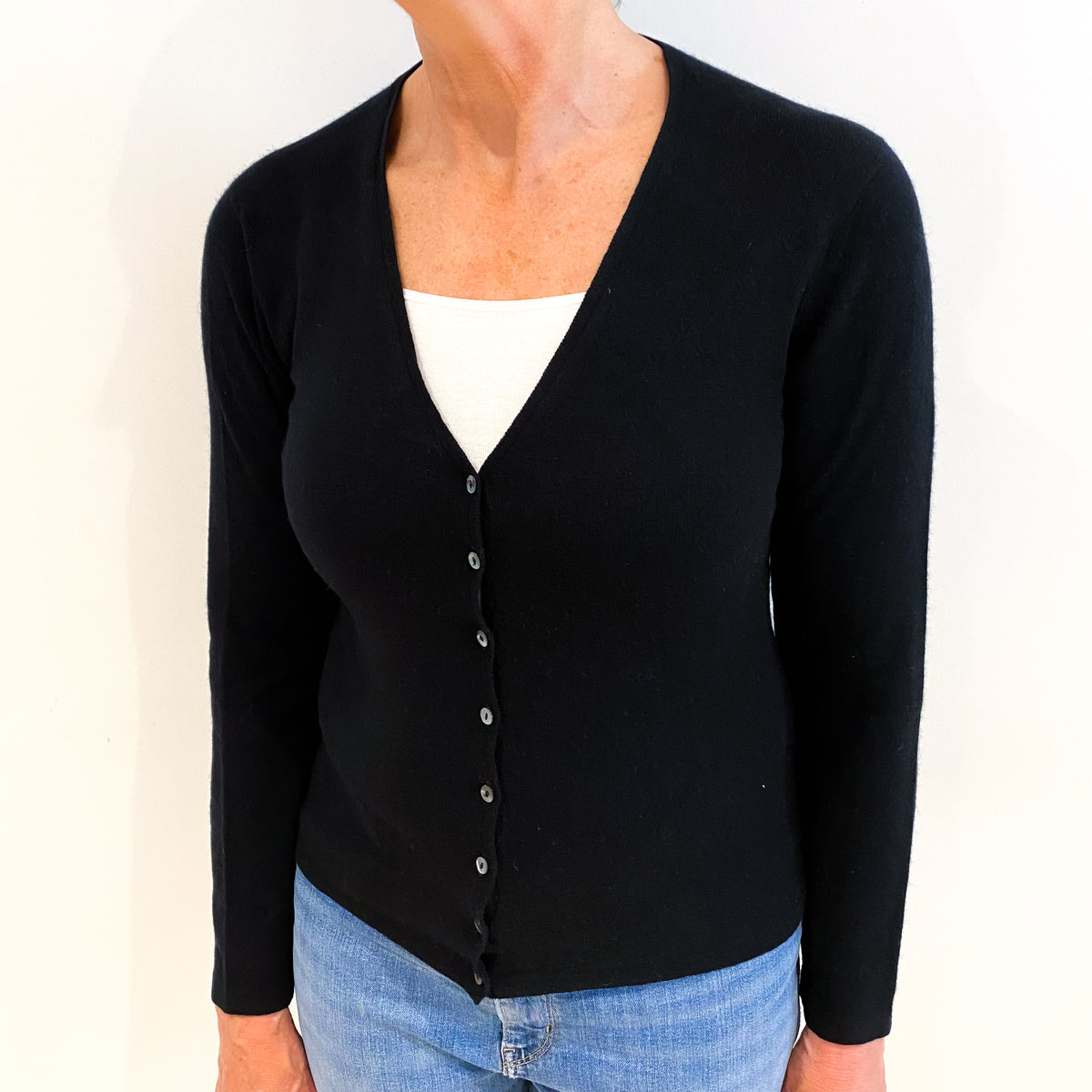 Brora Black Cashmere V Neck Cardigan Medium